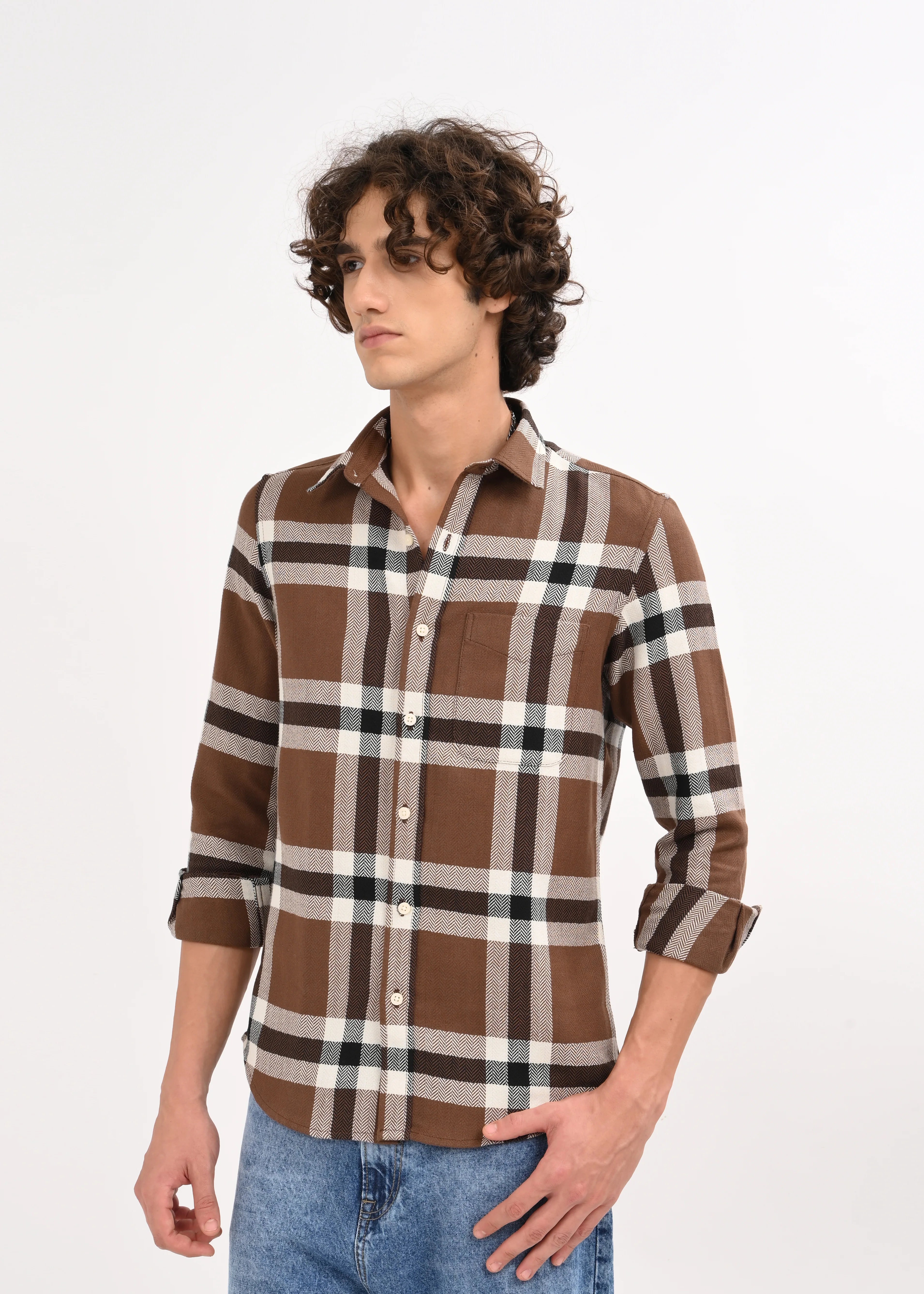 Men Brown Check Shirt - Image 5