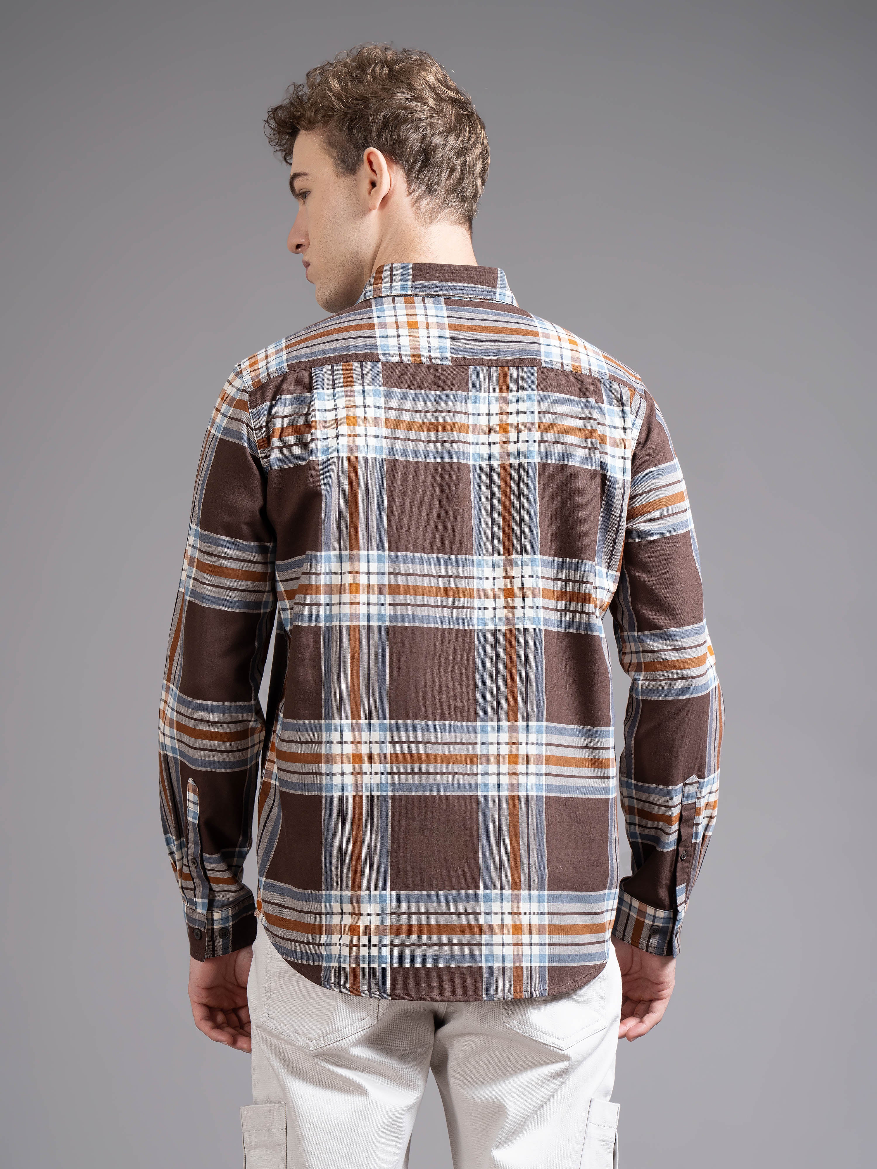 Men Brown Checked Shirt - Image 2