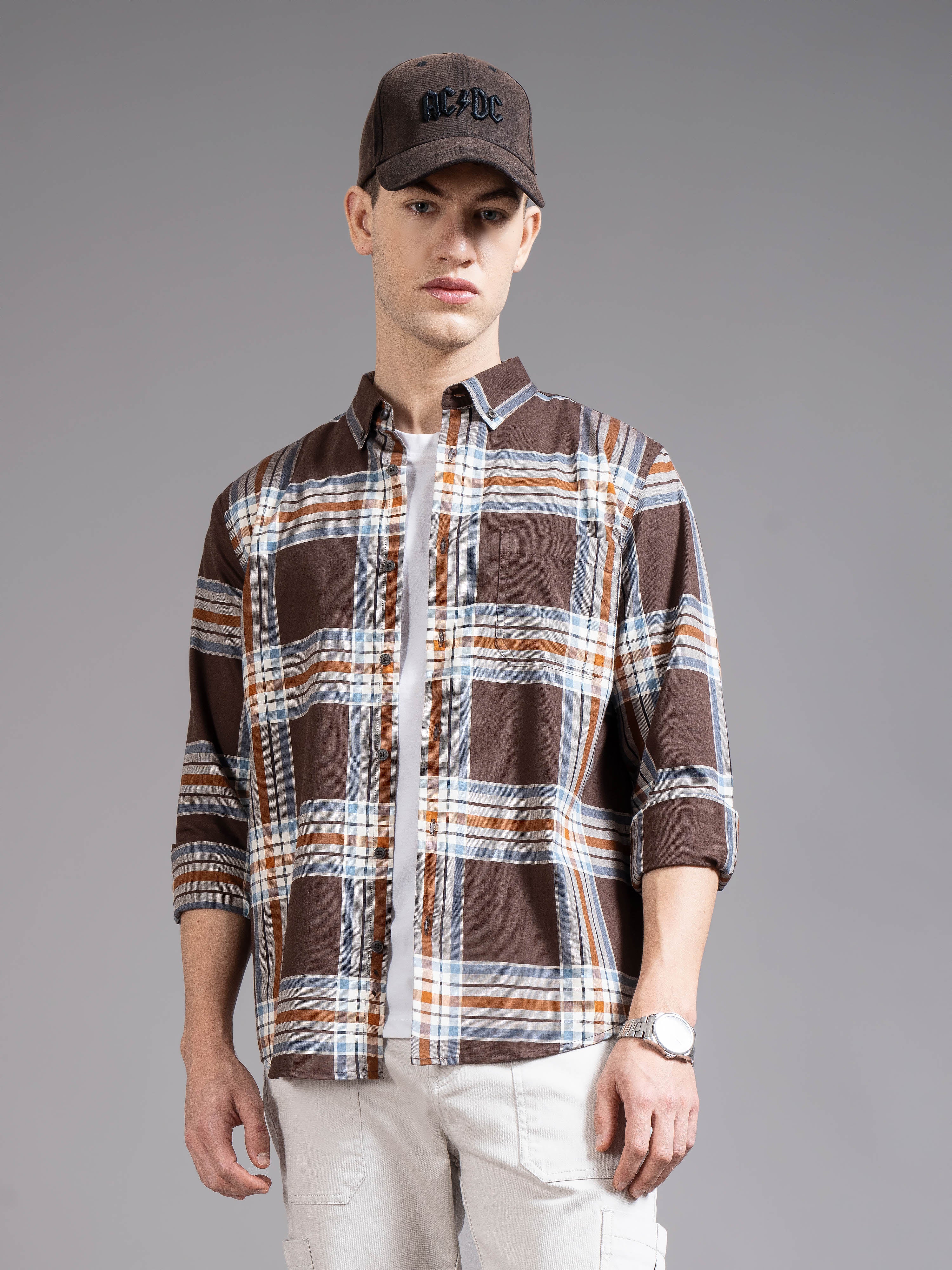 Men Brown Checked Shirt - Image 3