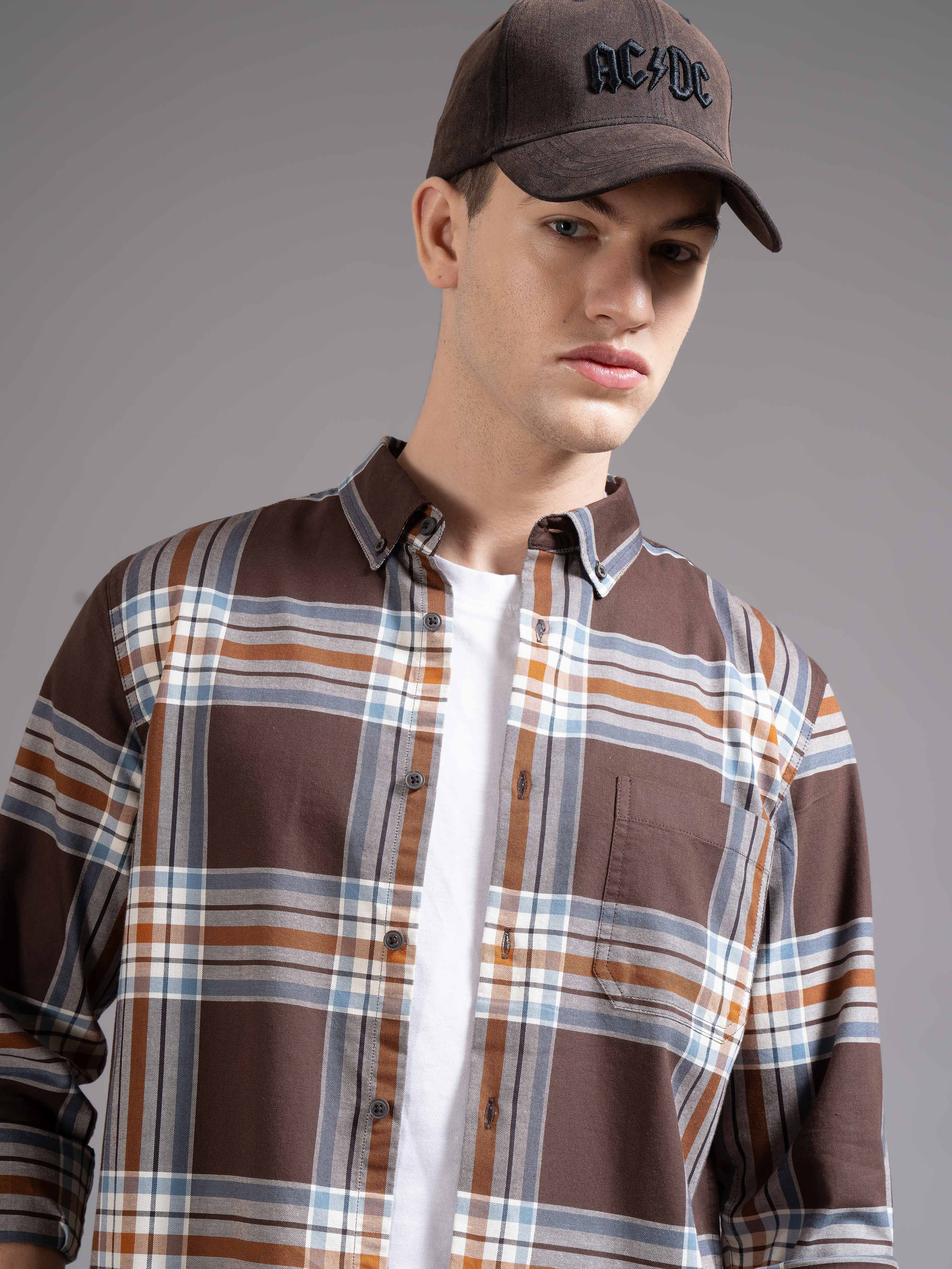 Men Brown Checked Shirt - Image 5