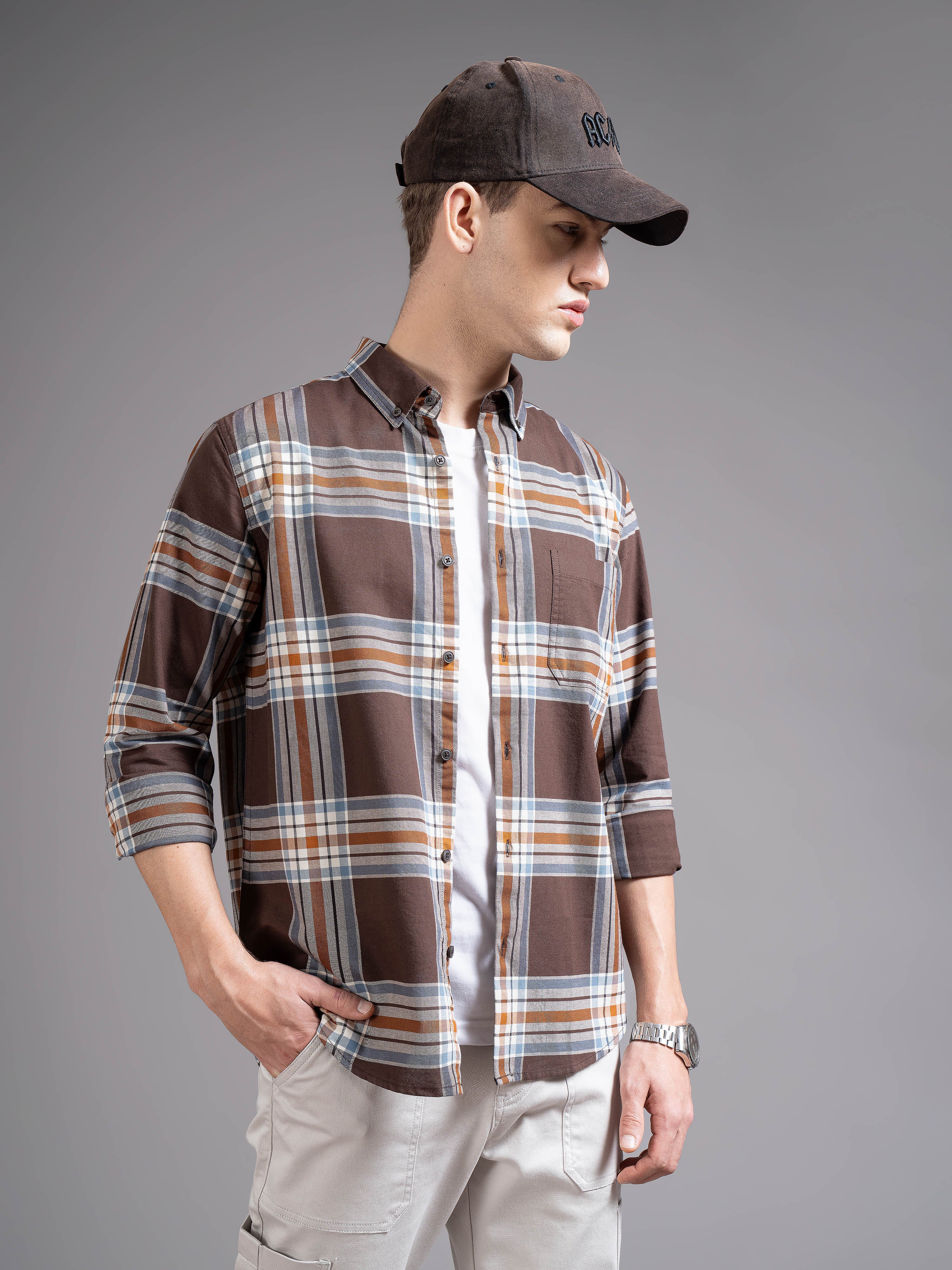 Men Brown Checked Shirt - Image 6
