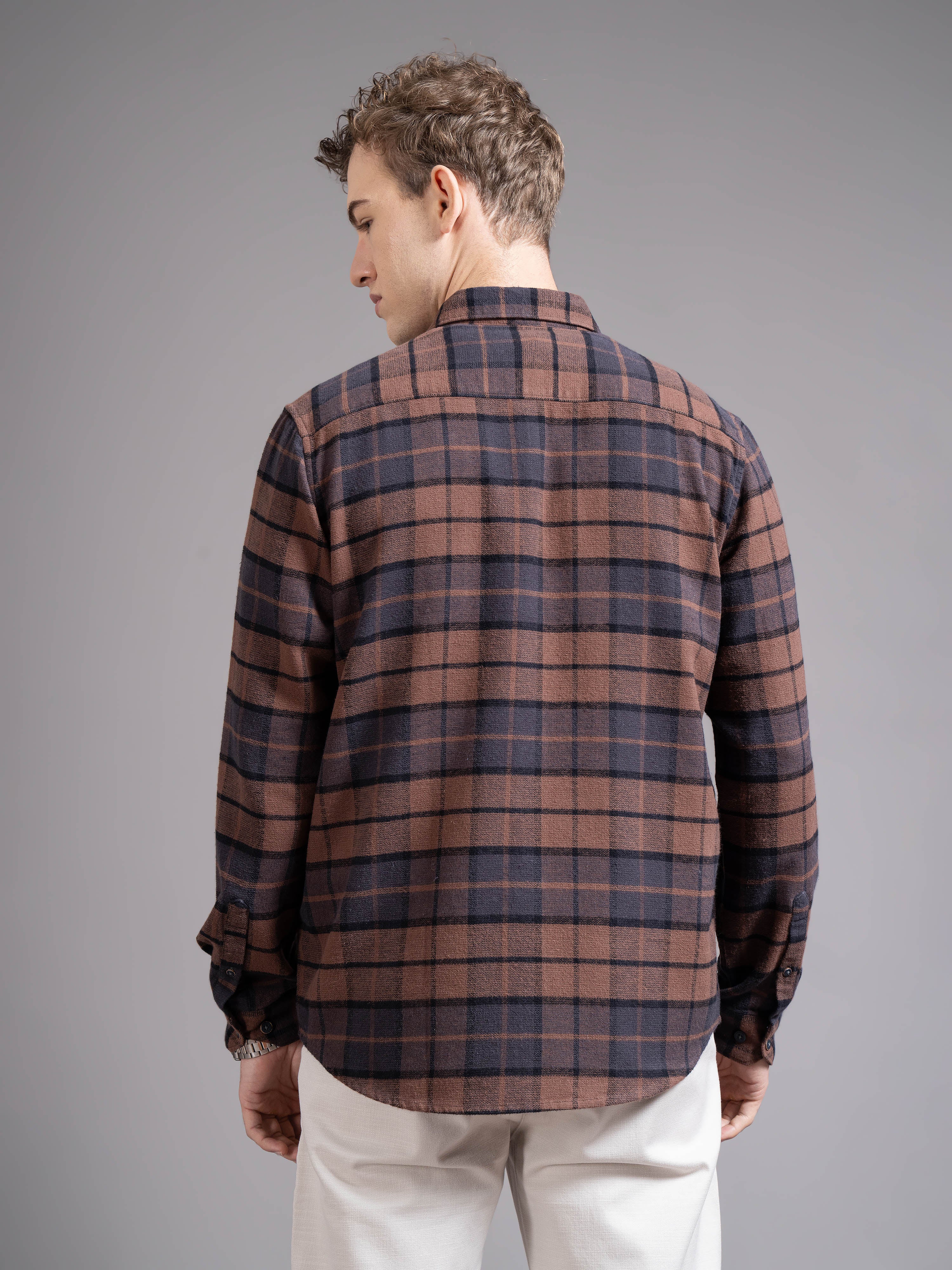 Men Brown Checked Shirt - Image 2