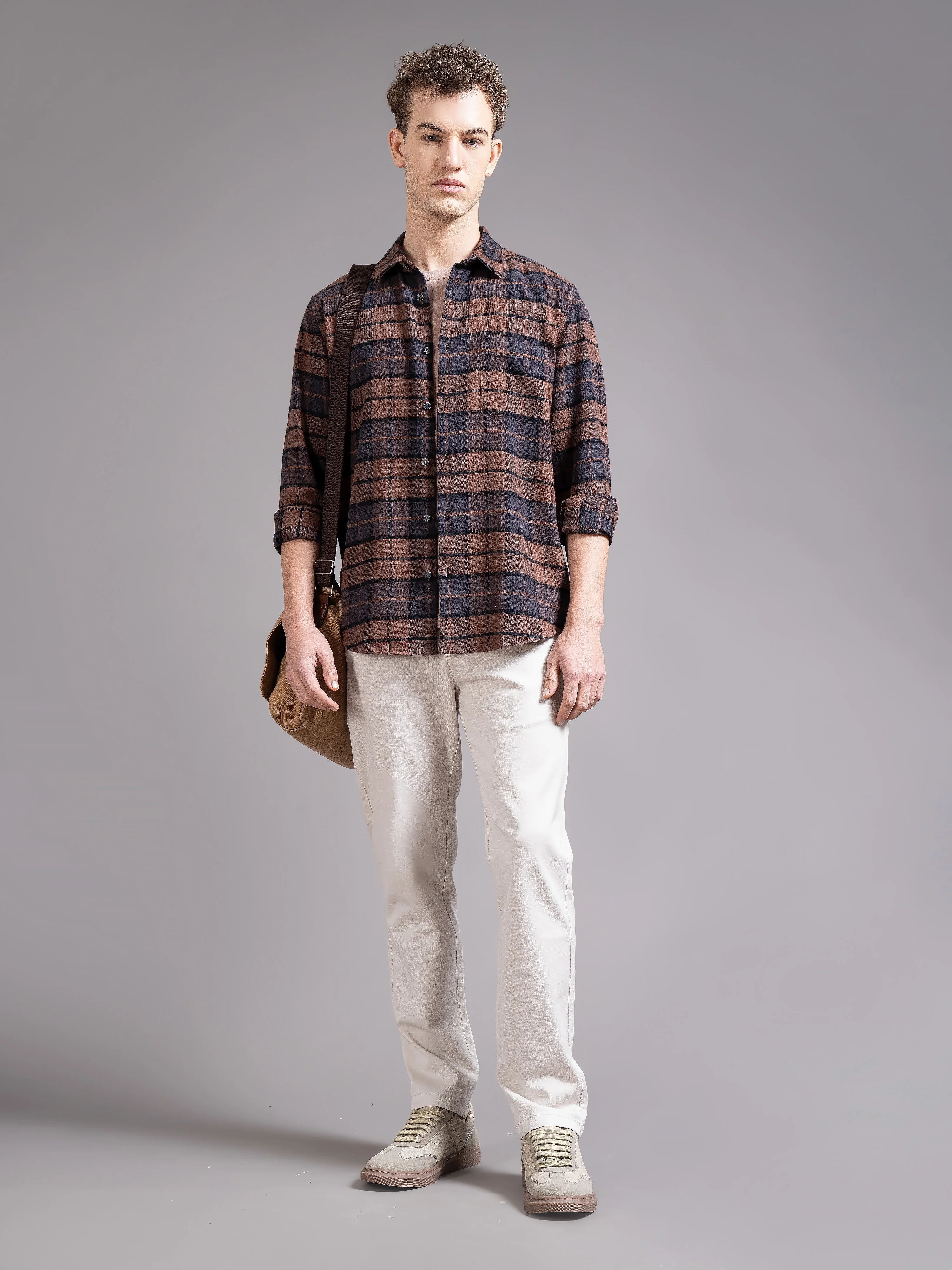 Men Brown Checked Shirt - Image 3