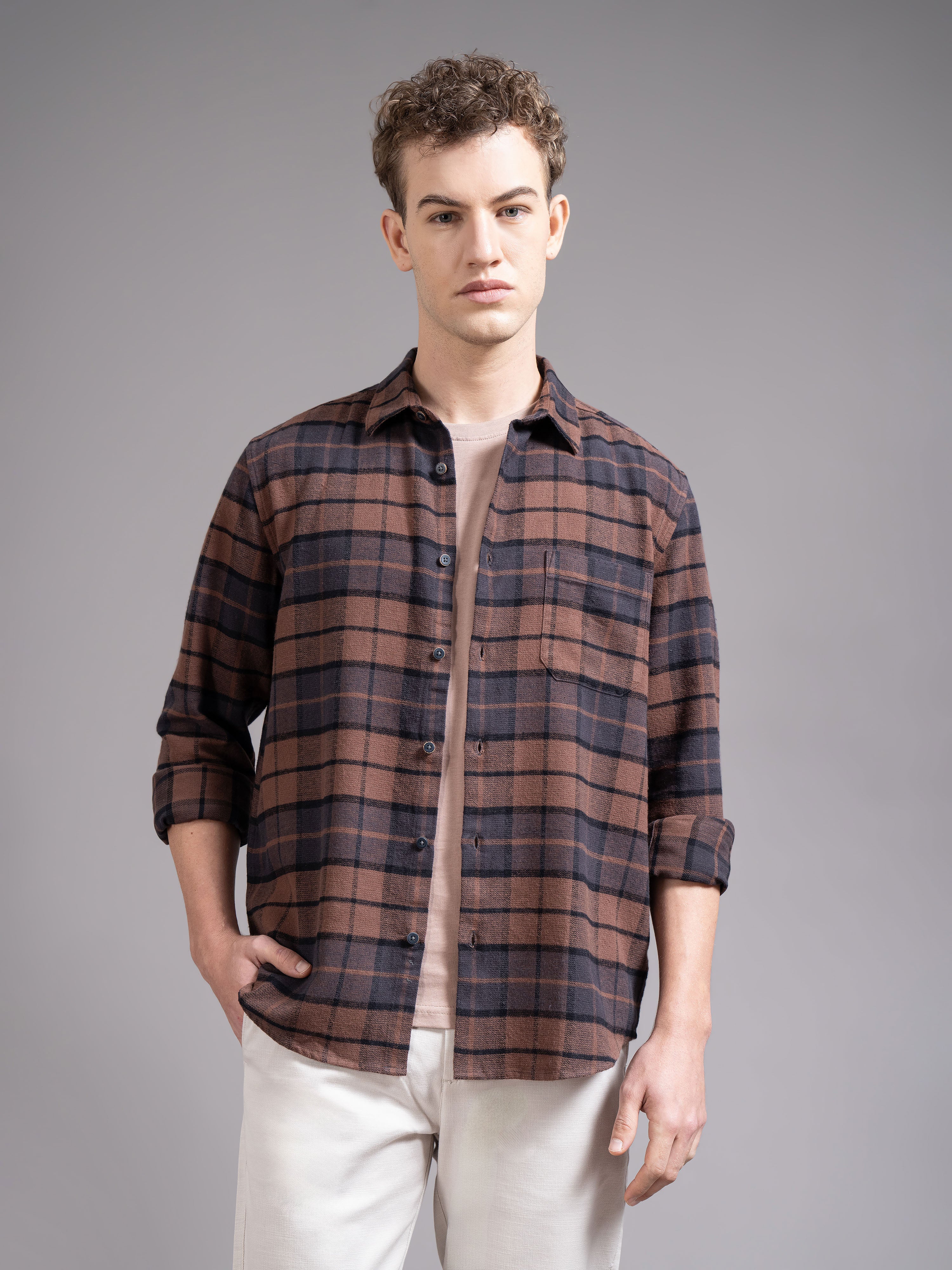 Men Brown Checked Shirt - Image 4