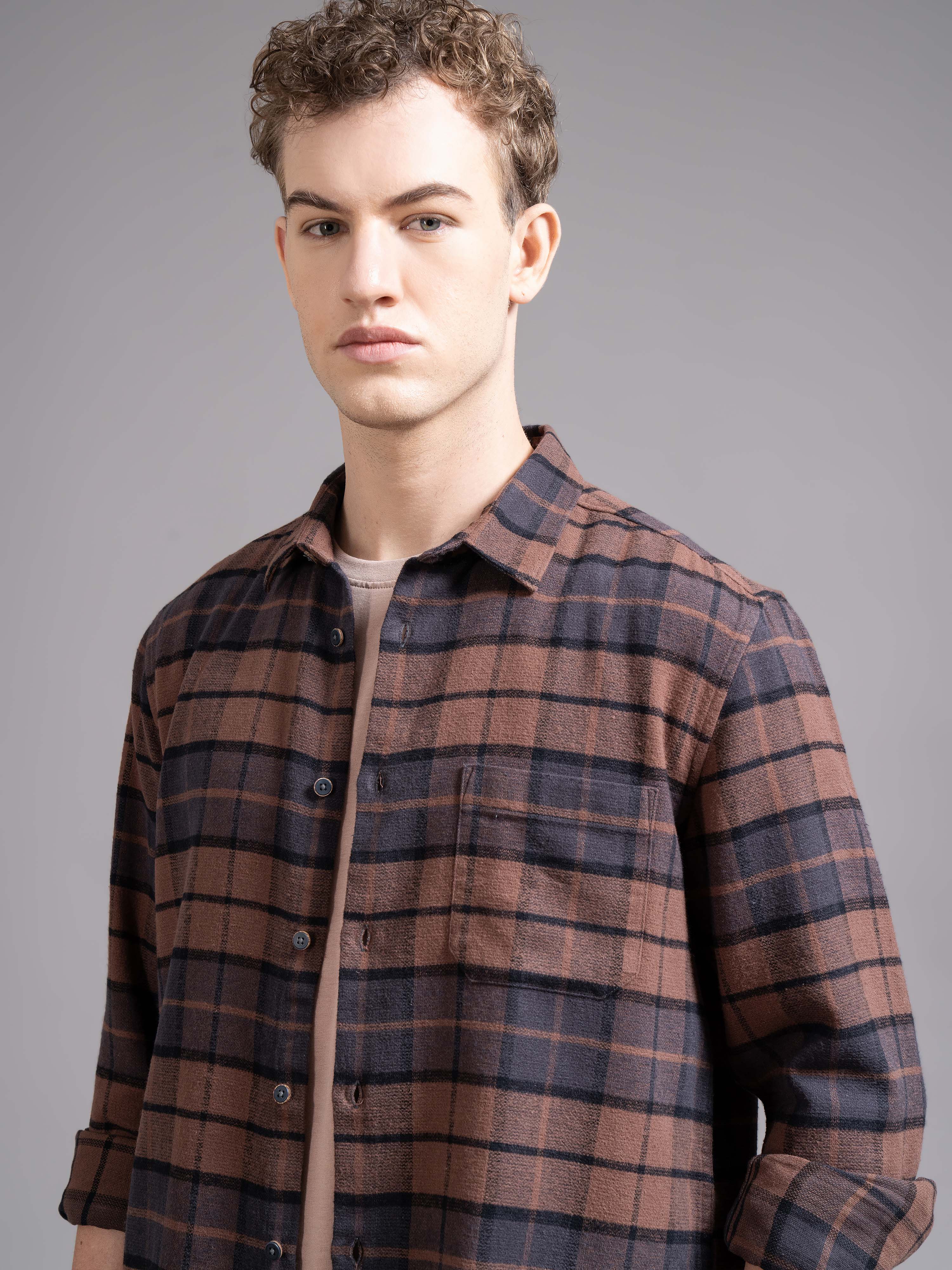 Men Brown Checked Shirt - Image 5