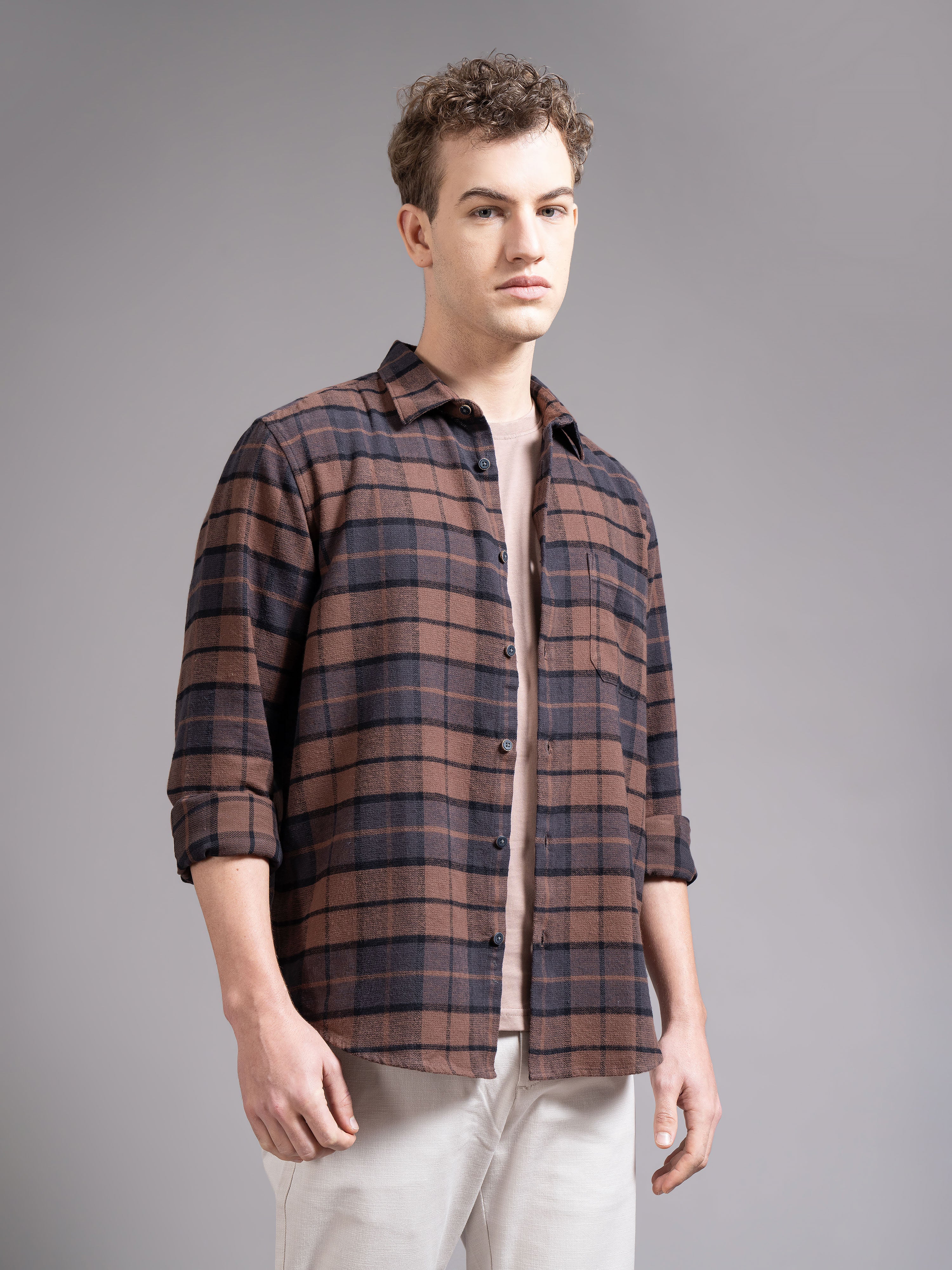 Men Brown Checked Shirt - Image 6
