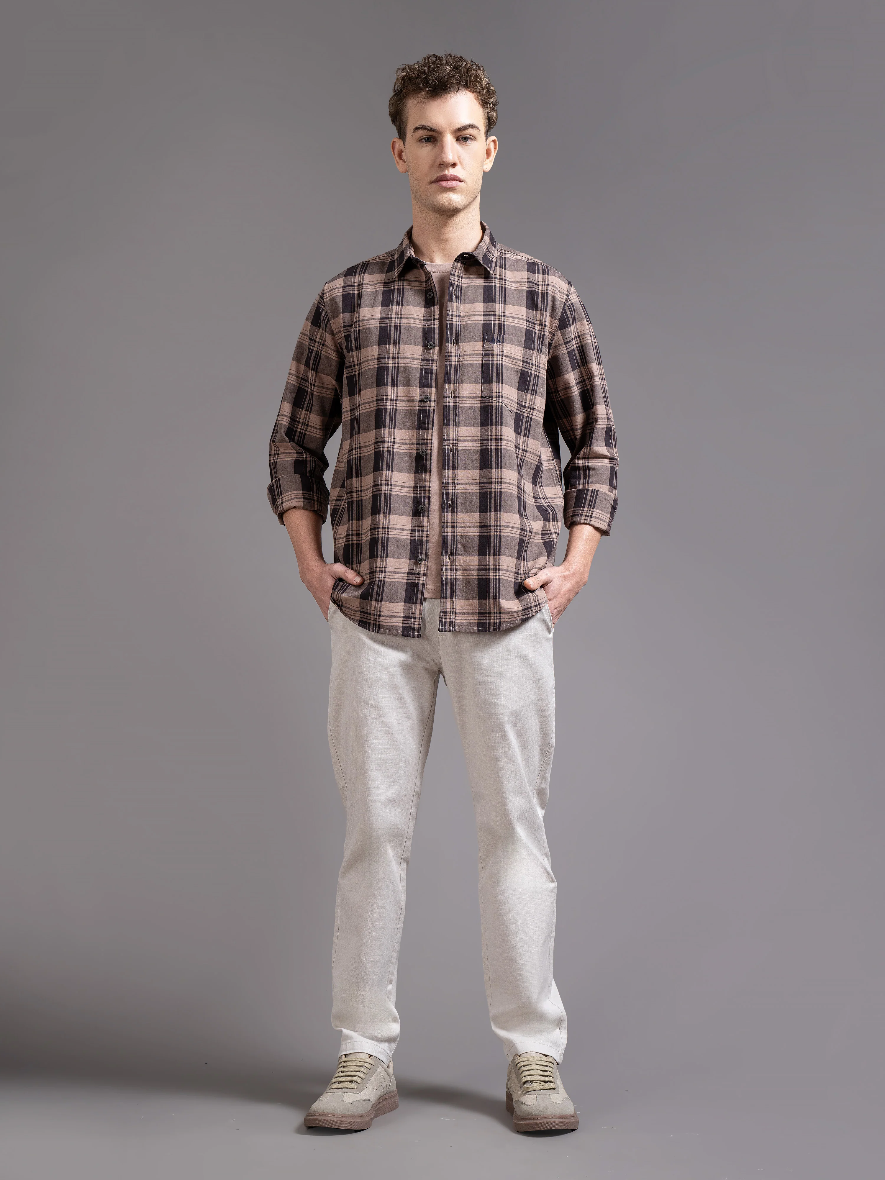 Men Brown Checked Shirt - Image 3