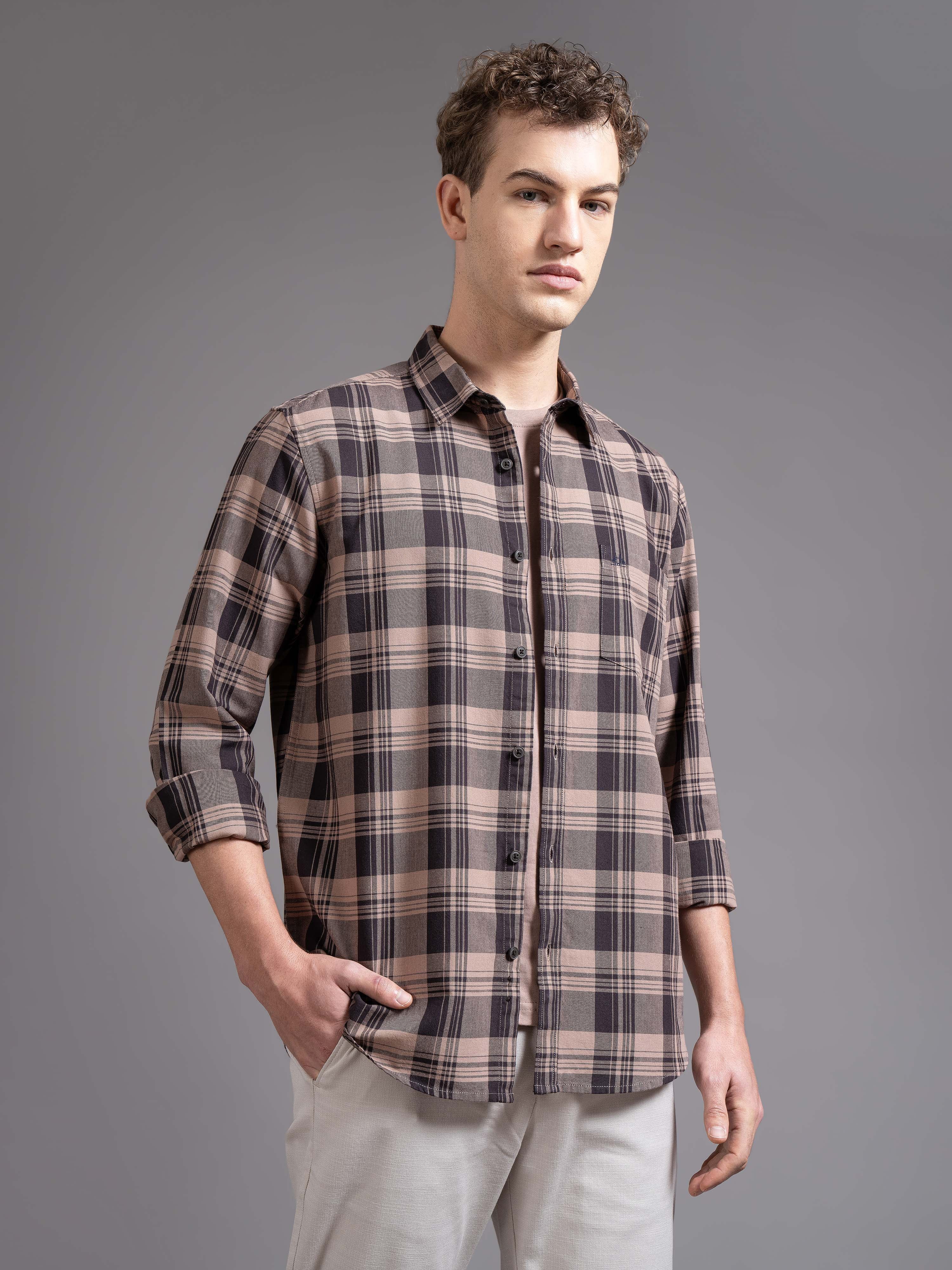 Men Brown Checked Shirt - Image 5