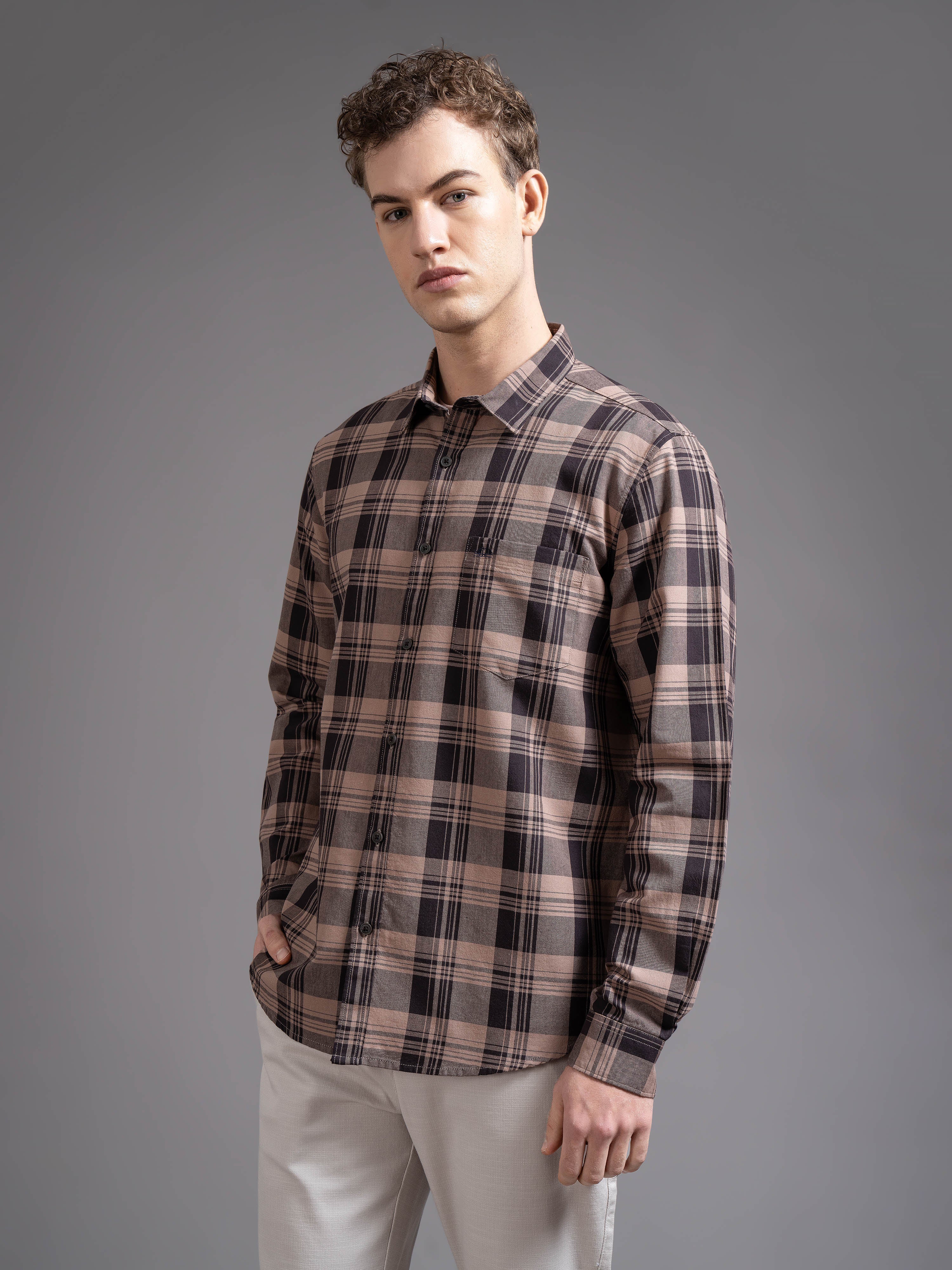 Men Brown Checked Shirt - Image 6