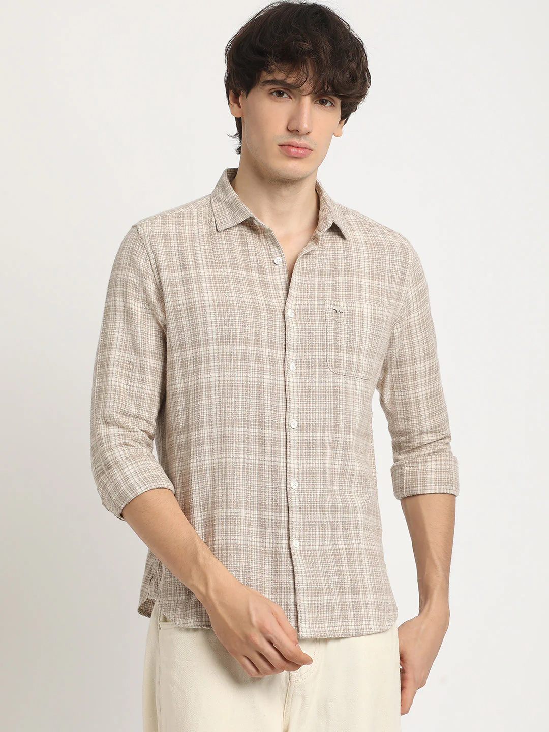 Men  Brown Checked Slim Fit Cotton Casual Shirt - Image 2