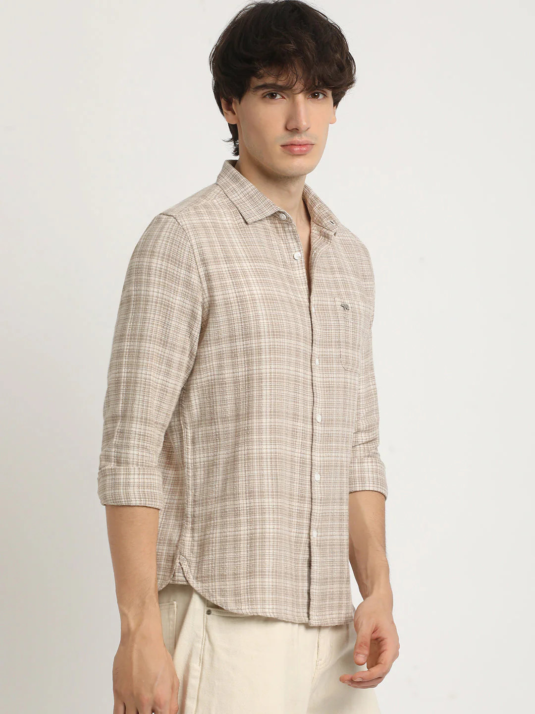 Men  Brown Checked Slim Fit Cotton Casual Shirt - Image 3