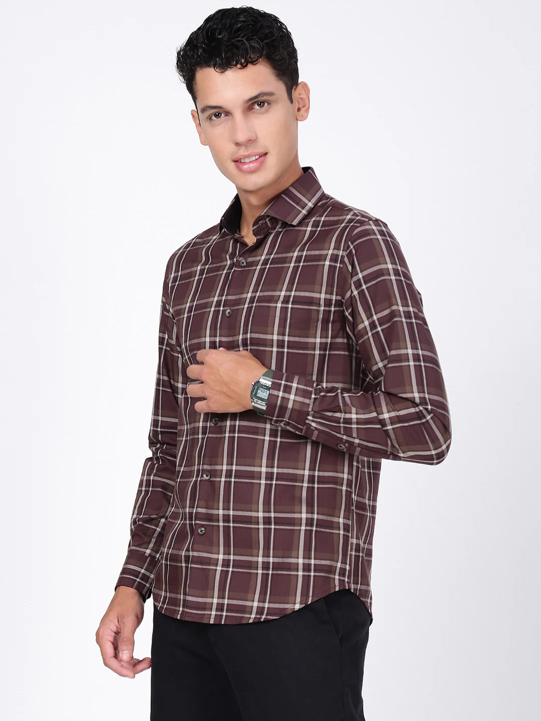 Men Brown Checked Slim Fit Formal Shirt - Image 2