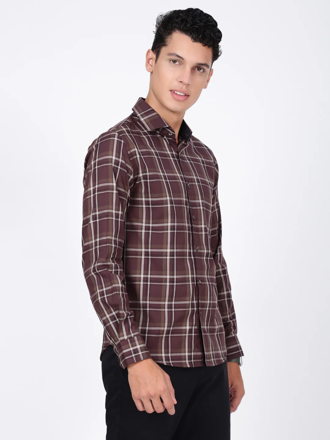 Men Brown Checked Slim Fit Formal Shirt - Image 3