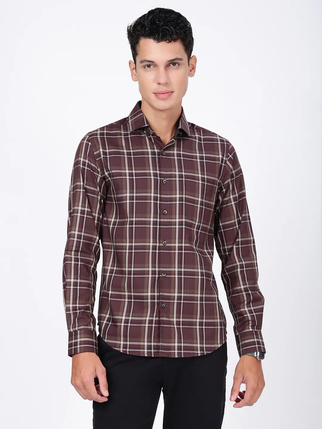 Men Brown Checked Slim Fit Formal Shirt - Image 6