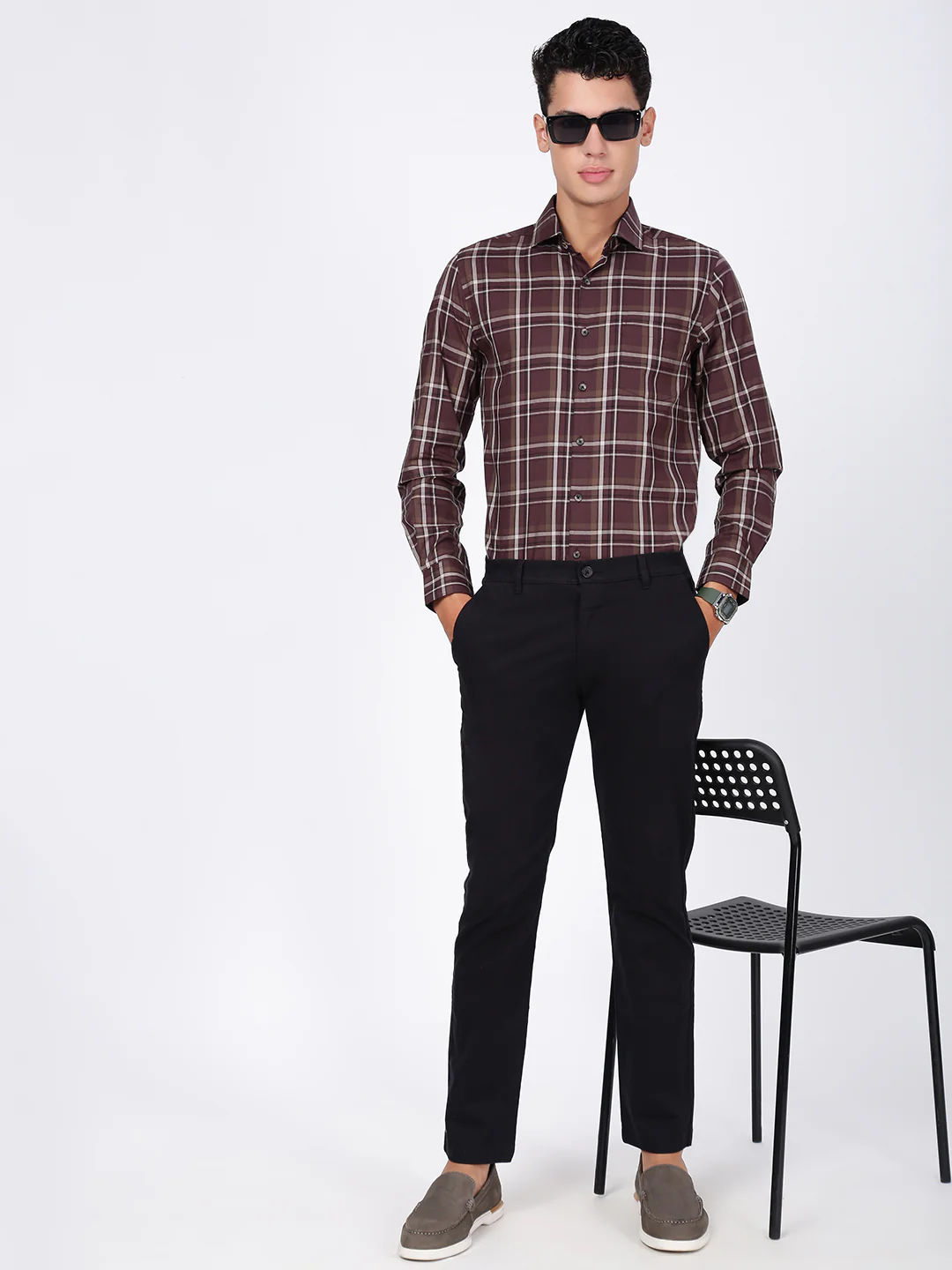 Men Brown Checked Slim Fit Formal Shirt - Image 7