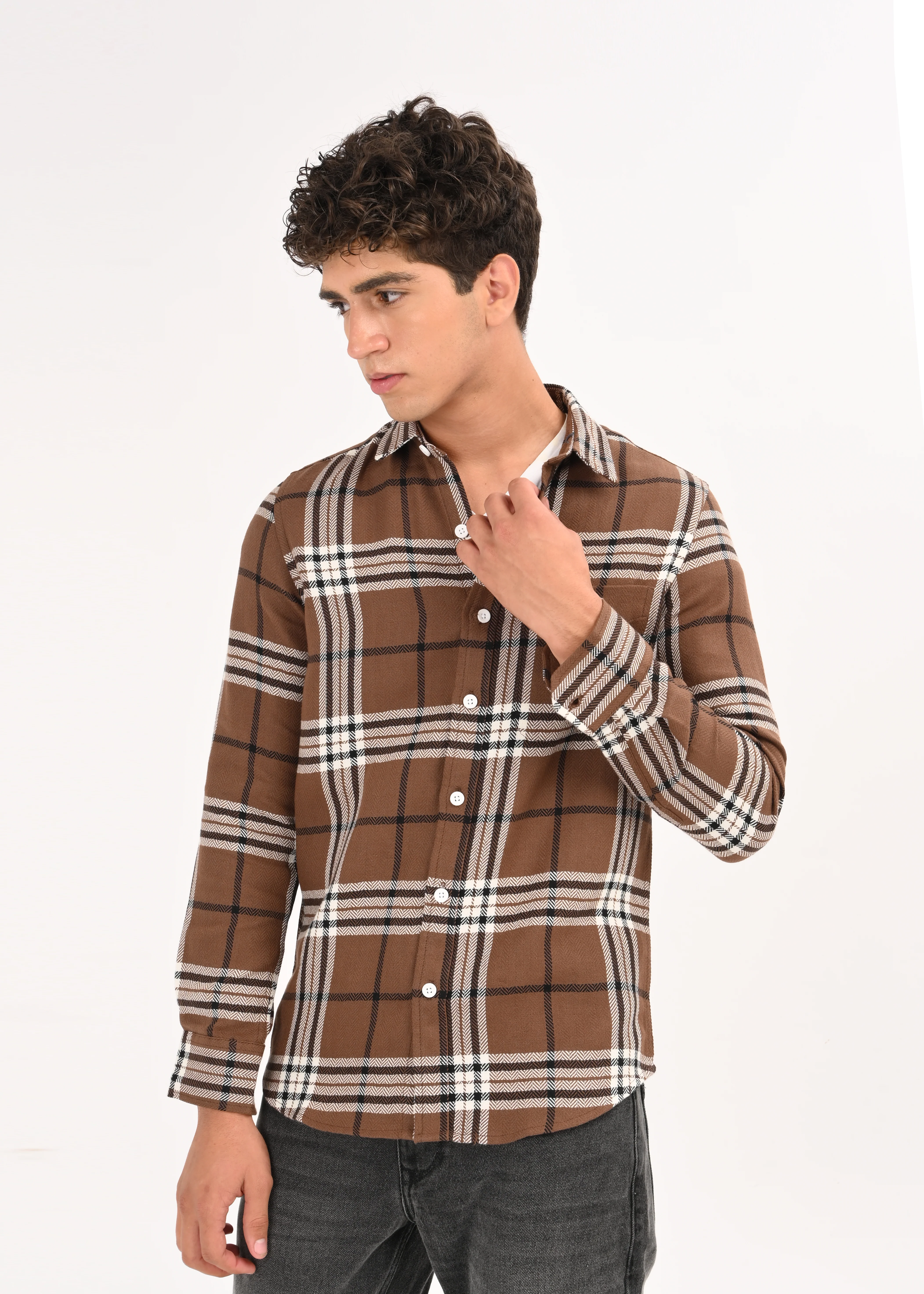 Men Brown Classic Bold Checked Shirt - Image 3