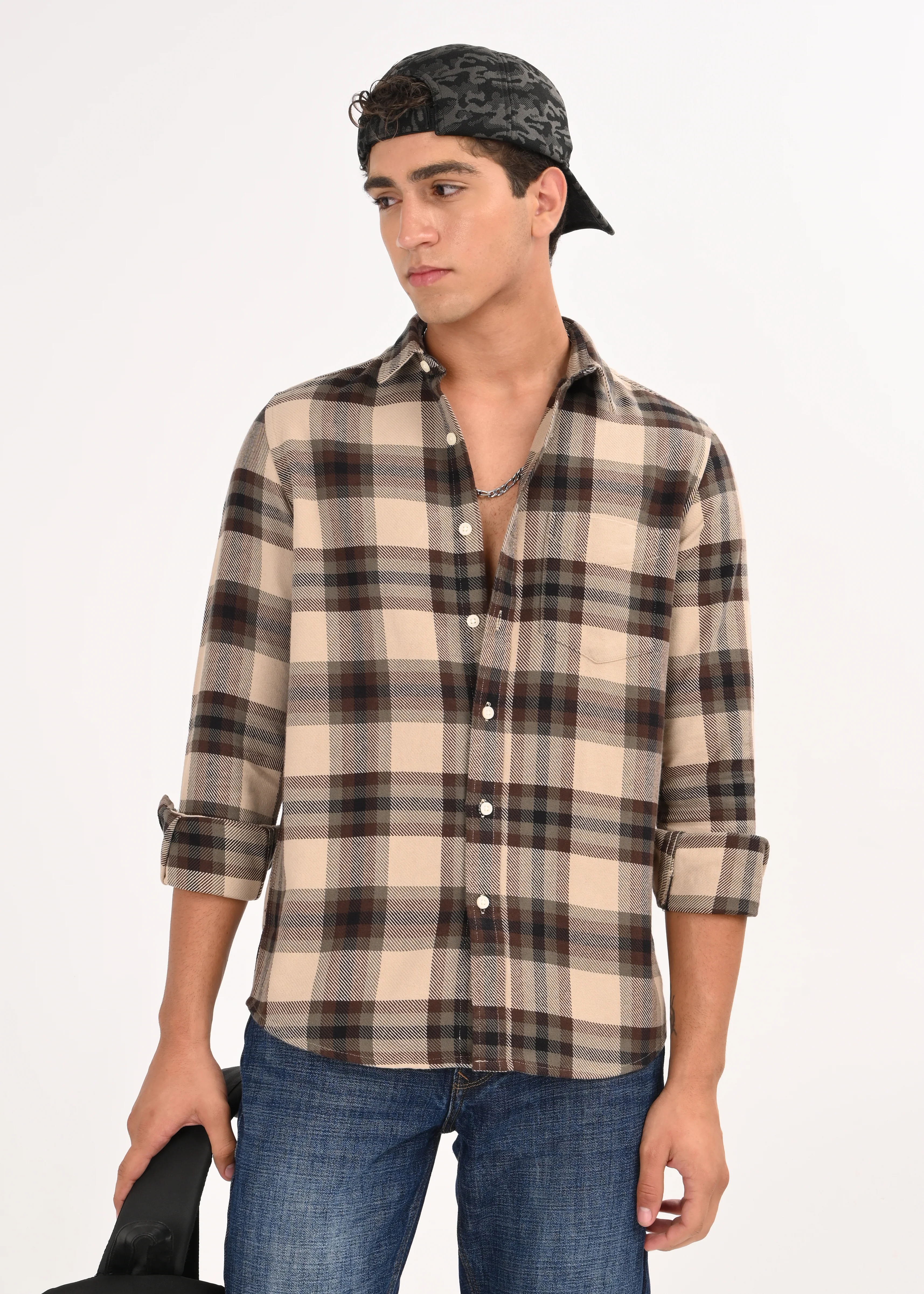 Men Brown Classic Checked Shirt - Image 10