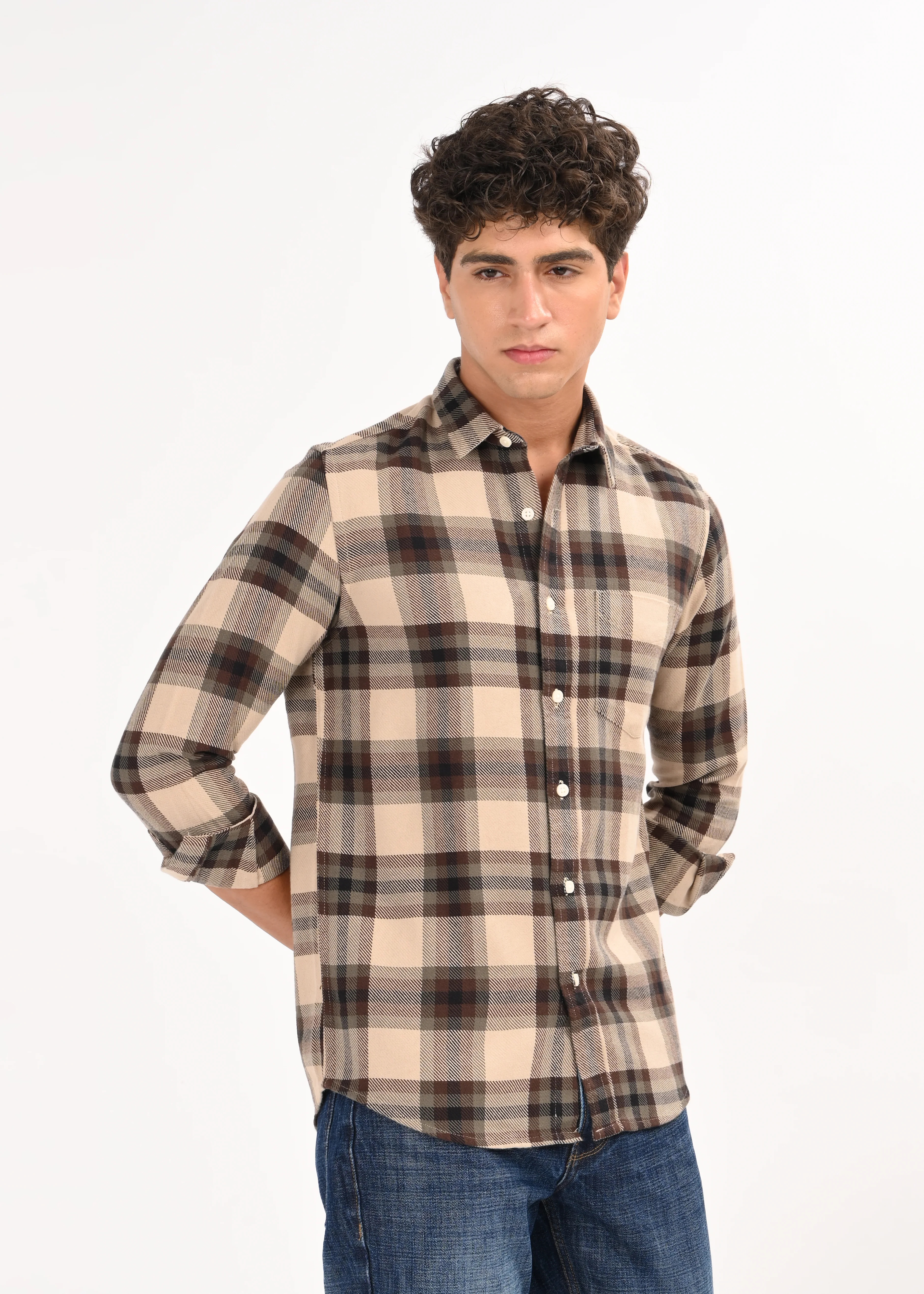 Men Brown Classic Checked Shirt - Image 5