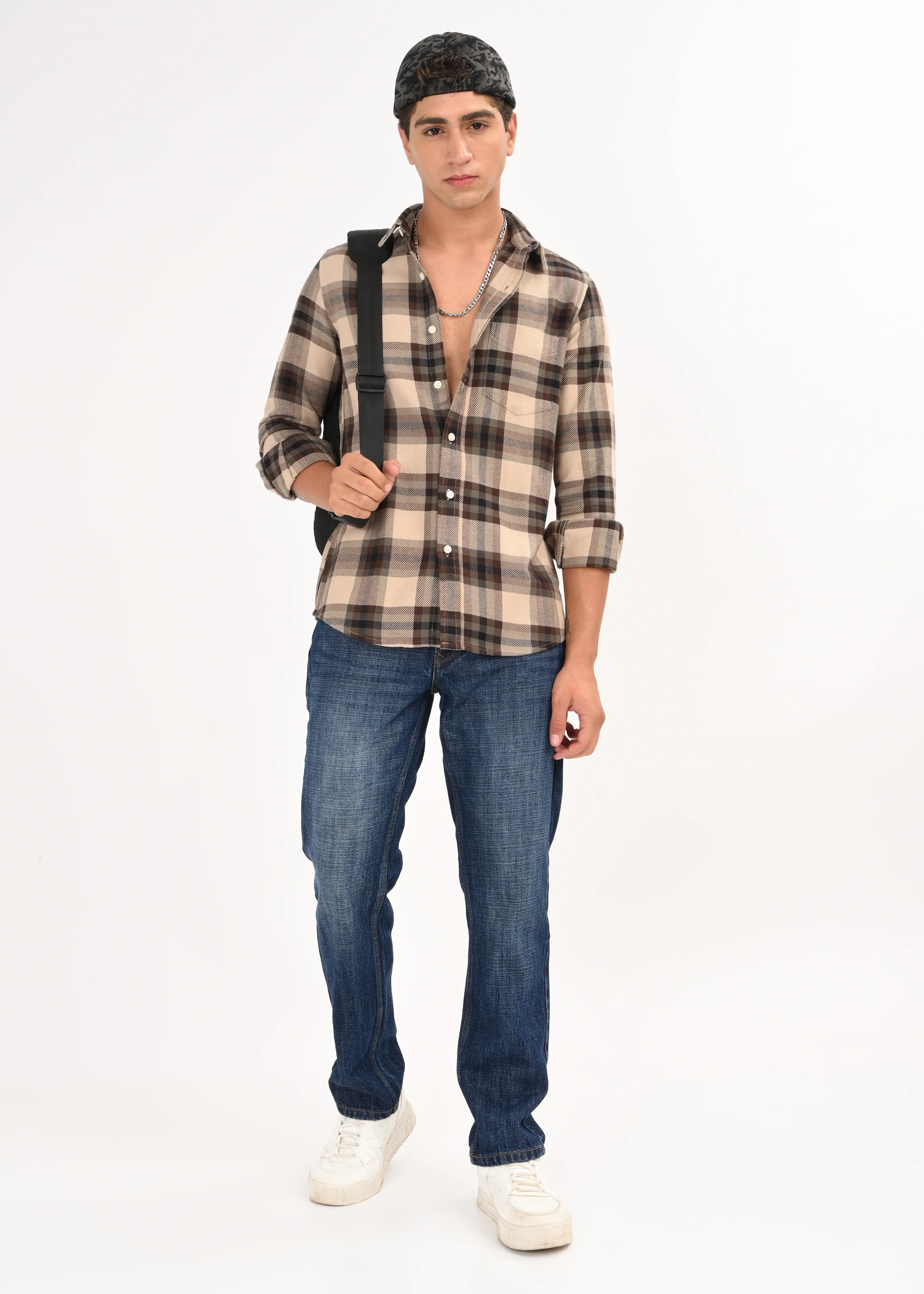 Men Brown Classic Checked Shirt - Image 8