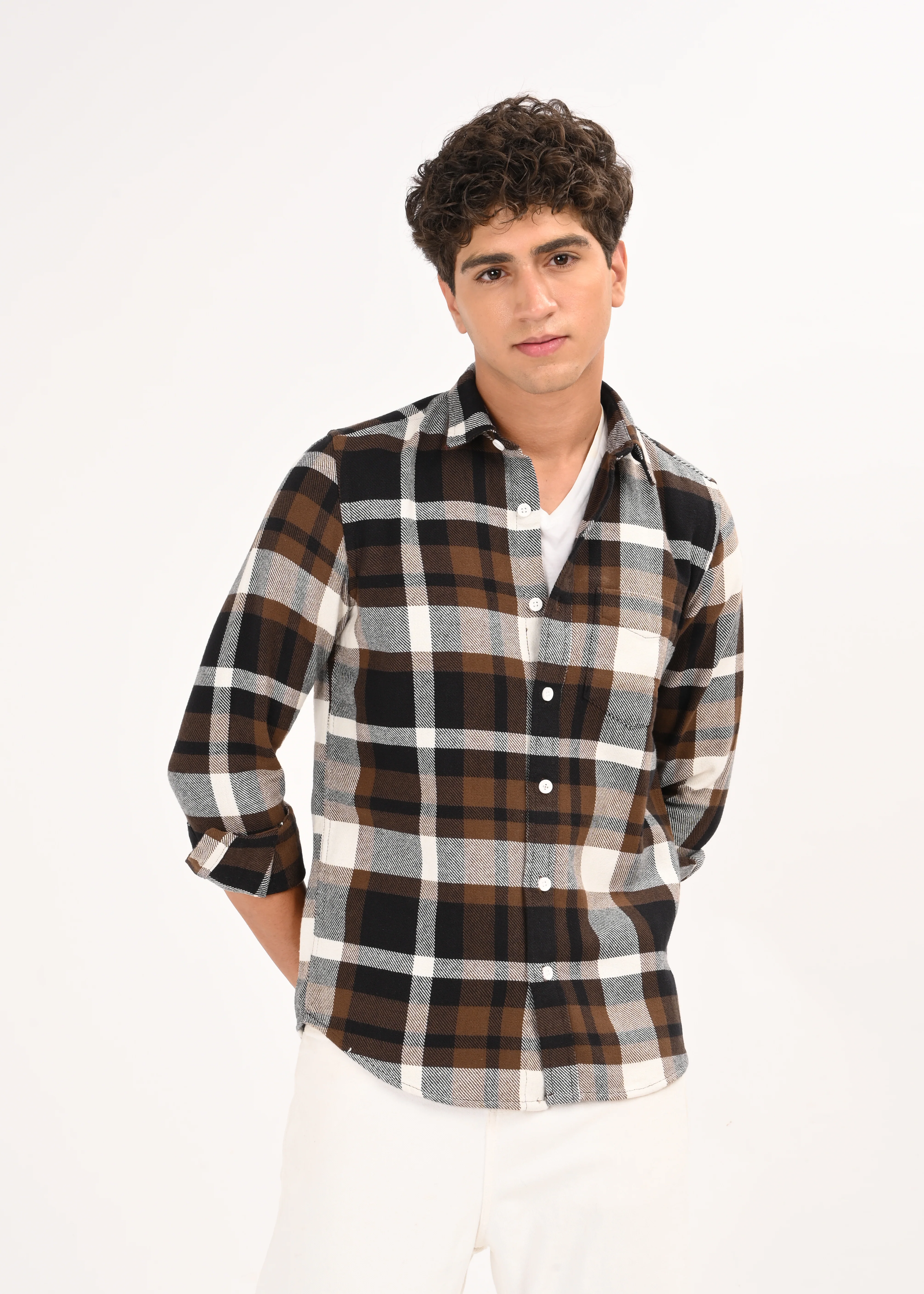 Men Brown Classic Checked Shirt - Image 6