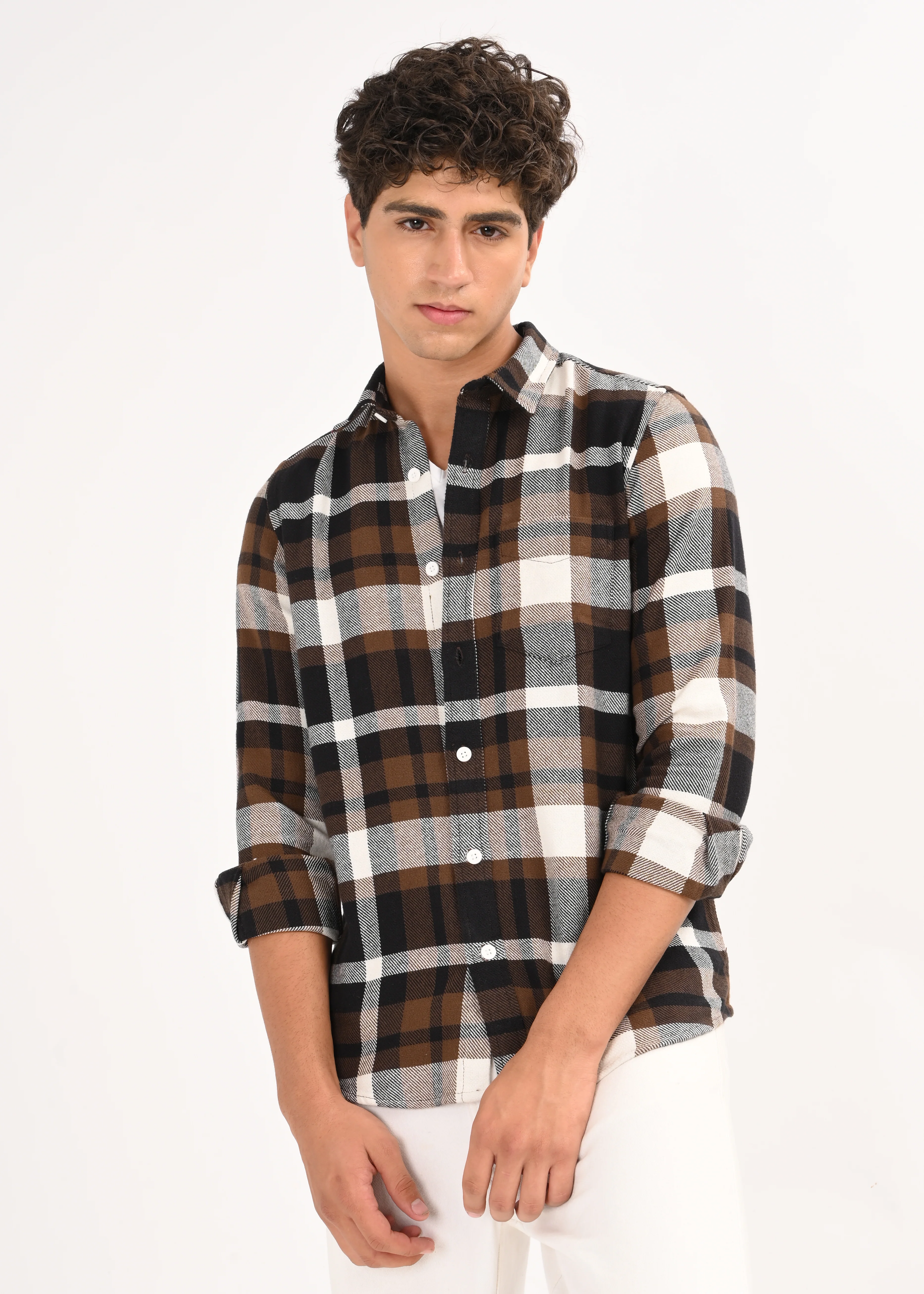Men Brown Classic Checked Shirt - Image 9