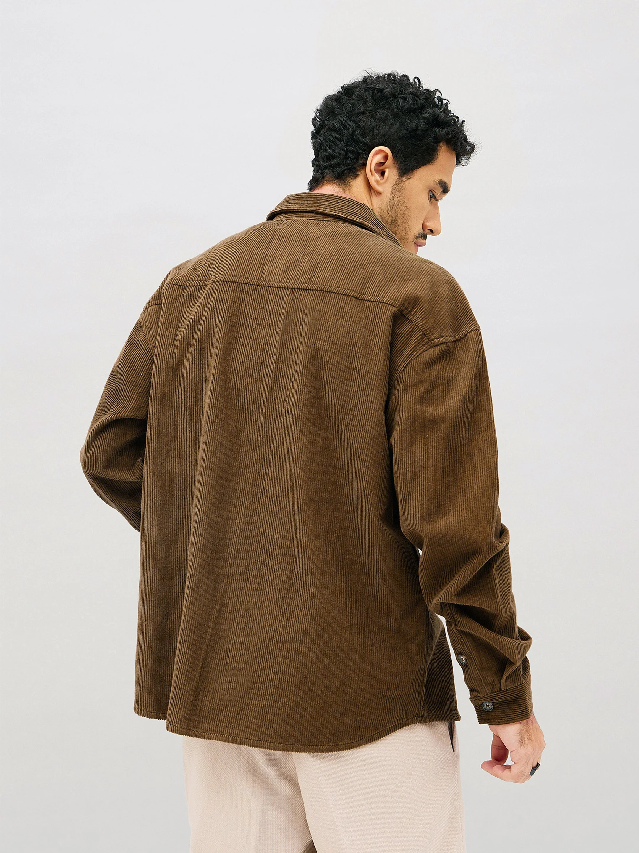 Men Brown Corduroy Oversized Shacket - Image 2