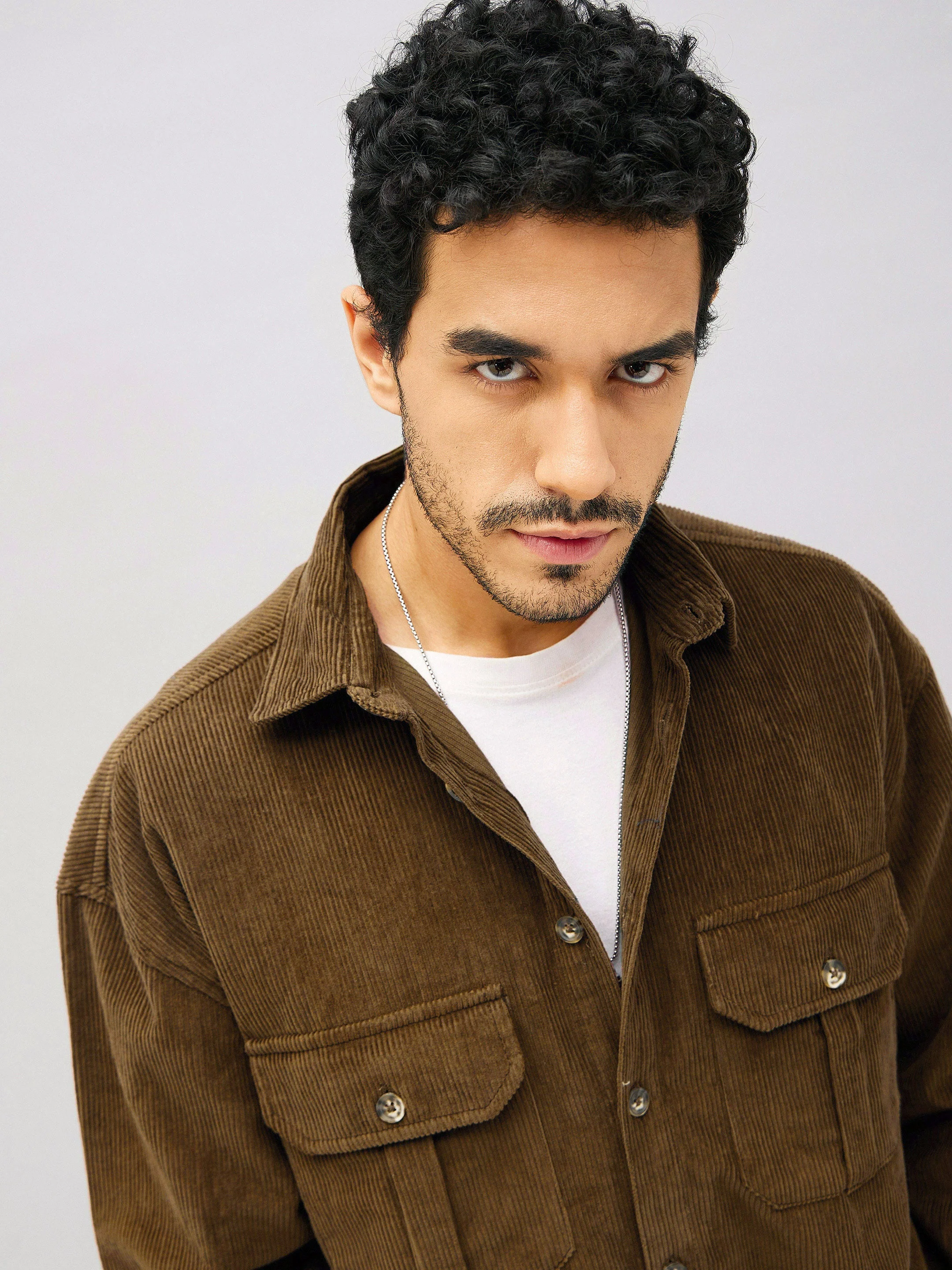 Men Brown Corduroy Oversized Shacket - Image 3