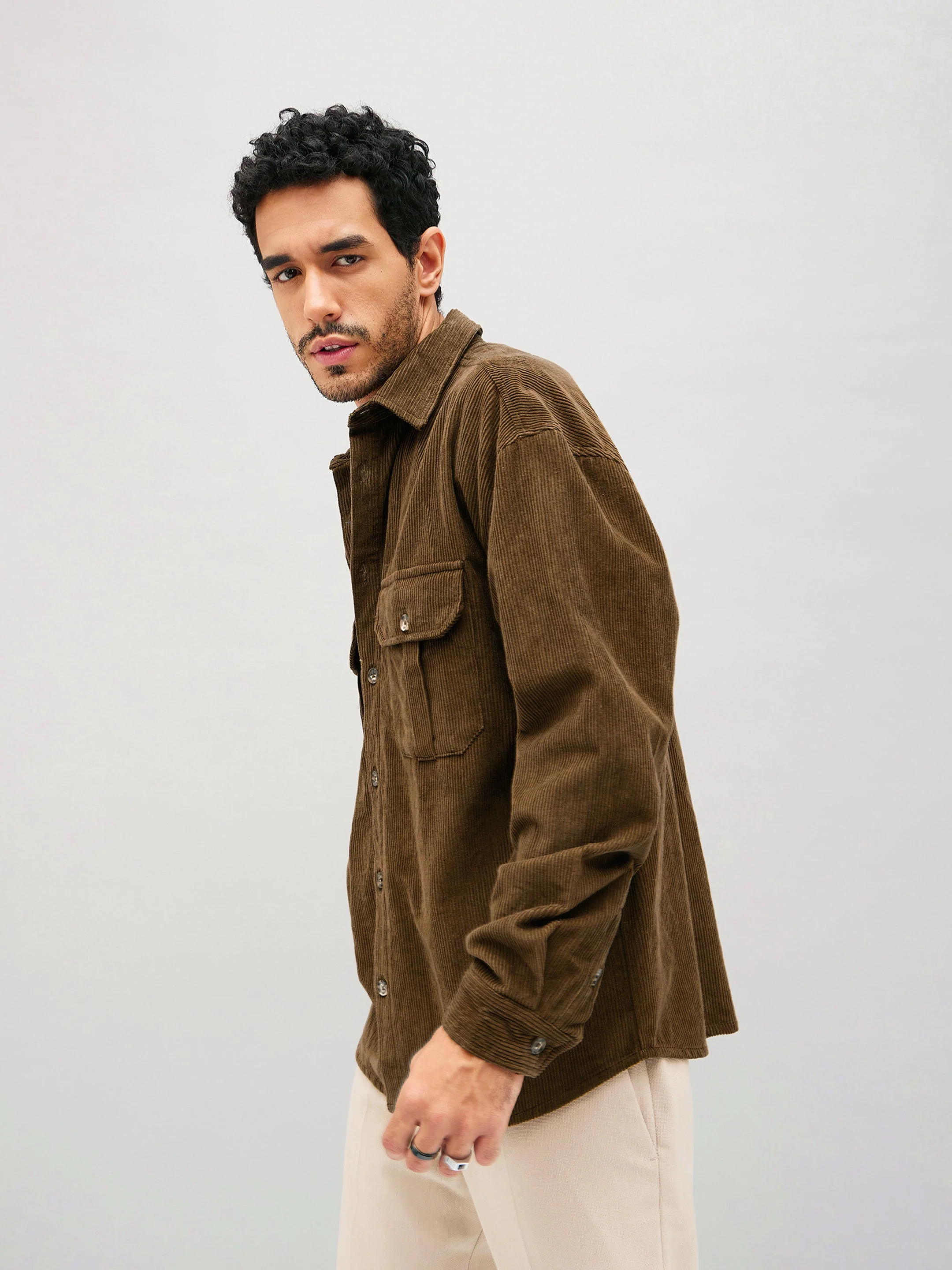 Men Brown Corduroy Oversized Shacket - Image 5