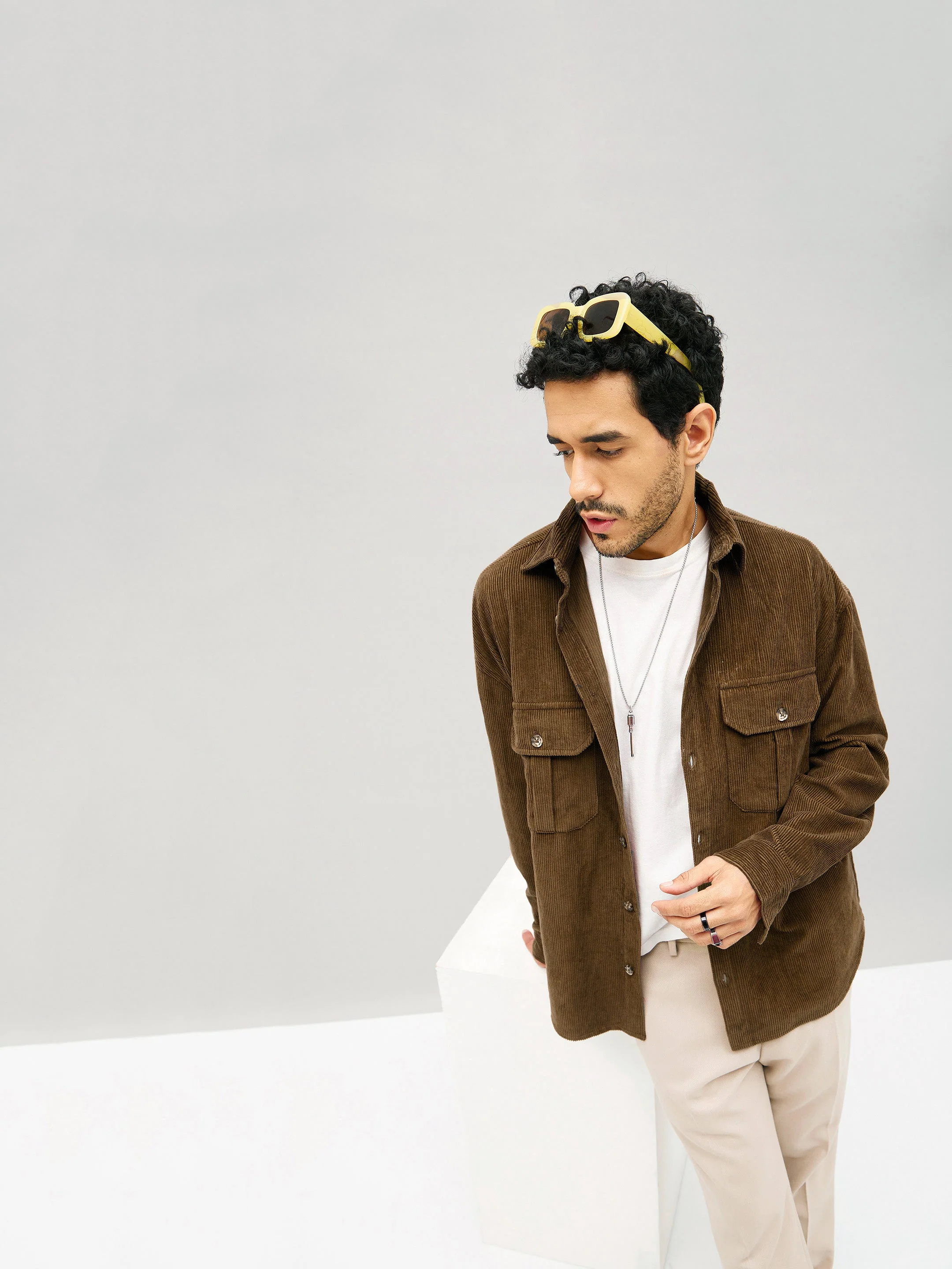 Men Brown Corduroy Oversized Shacket - Image 6