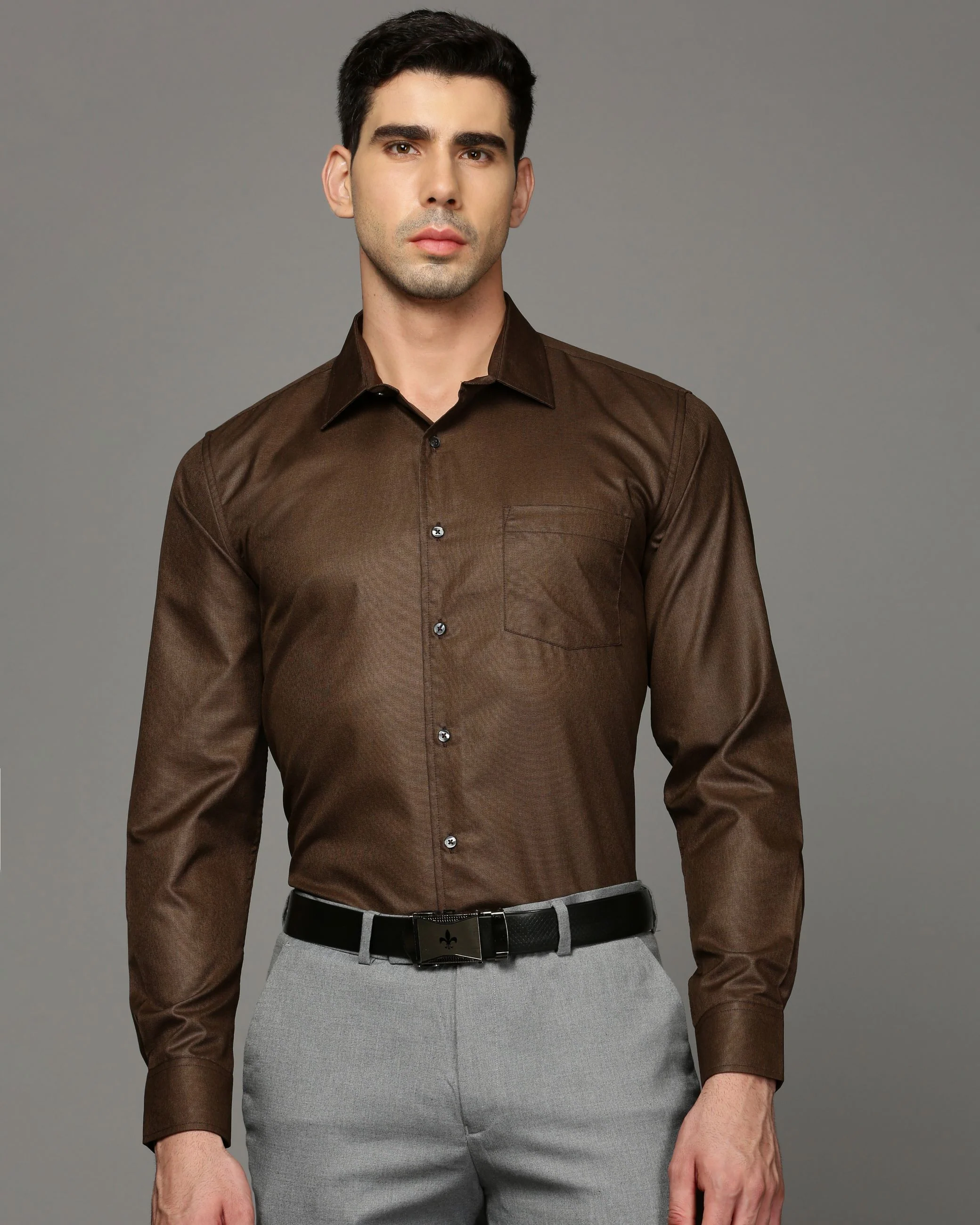 Men Brown Cotton Blend Slim Shirt - Image 2