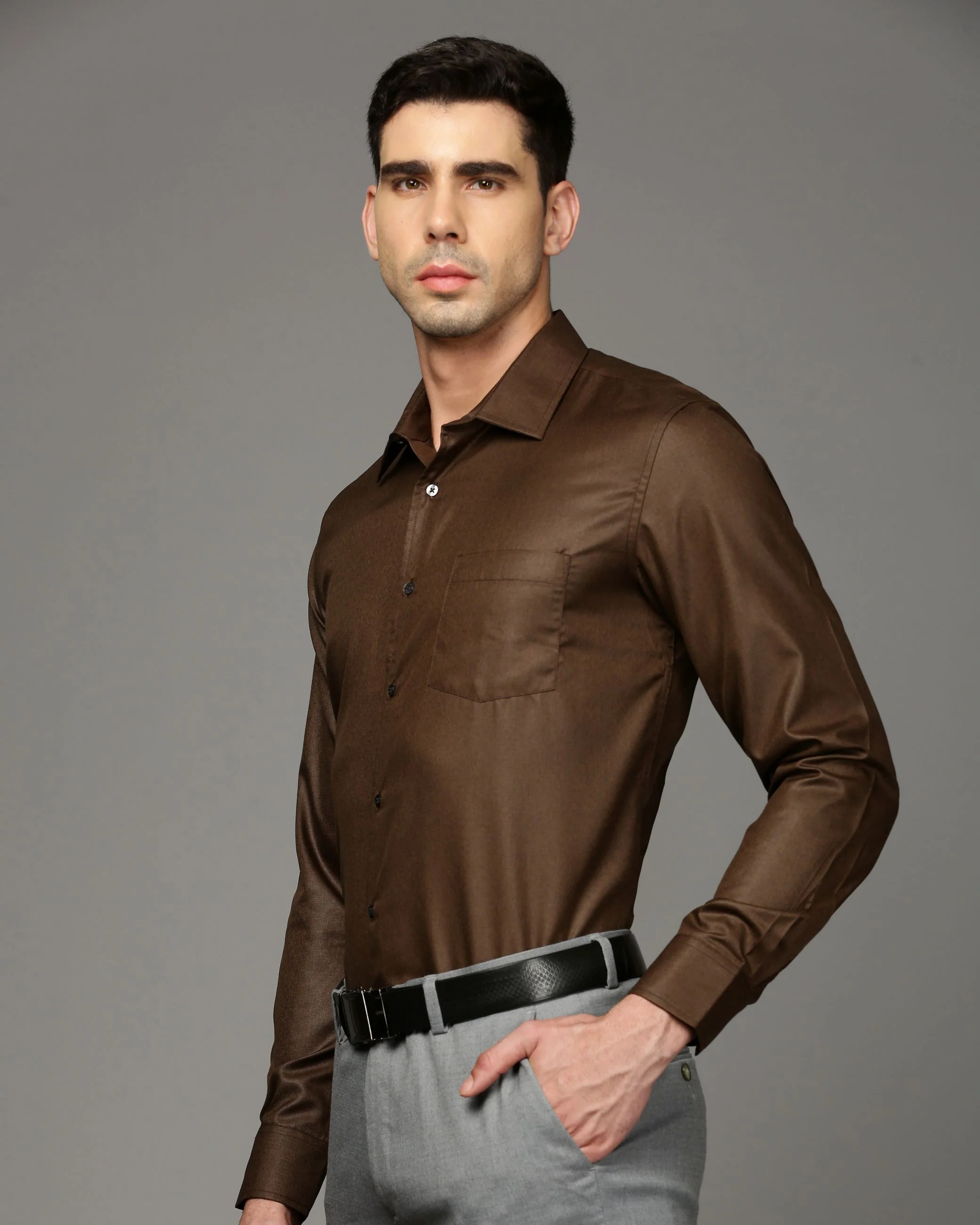 Men Brown Cotton Blend Slim Shirt - Image 3