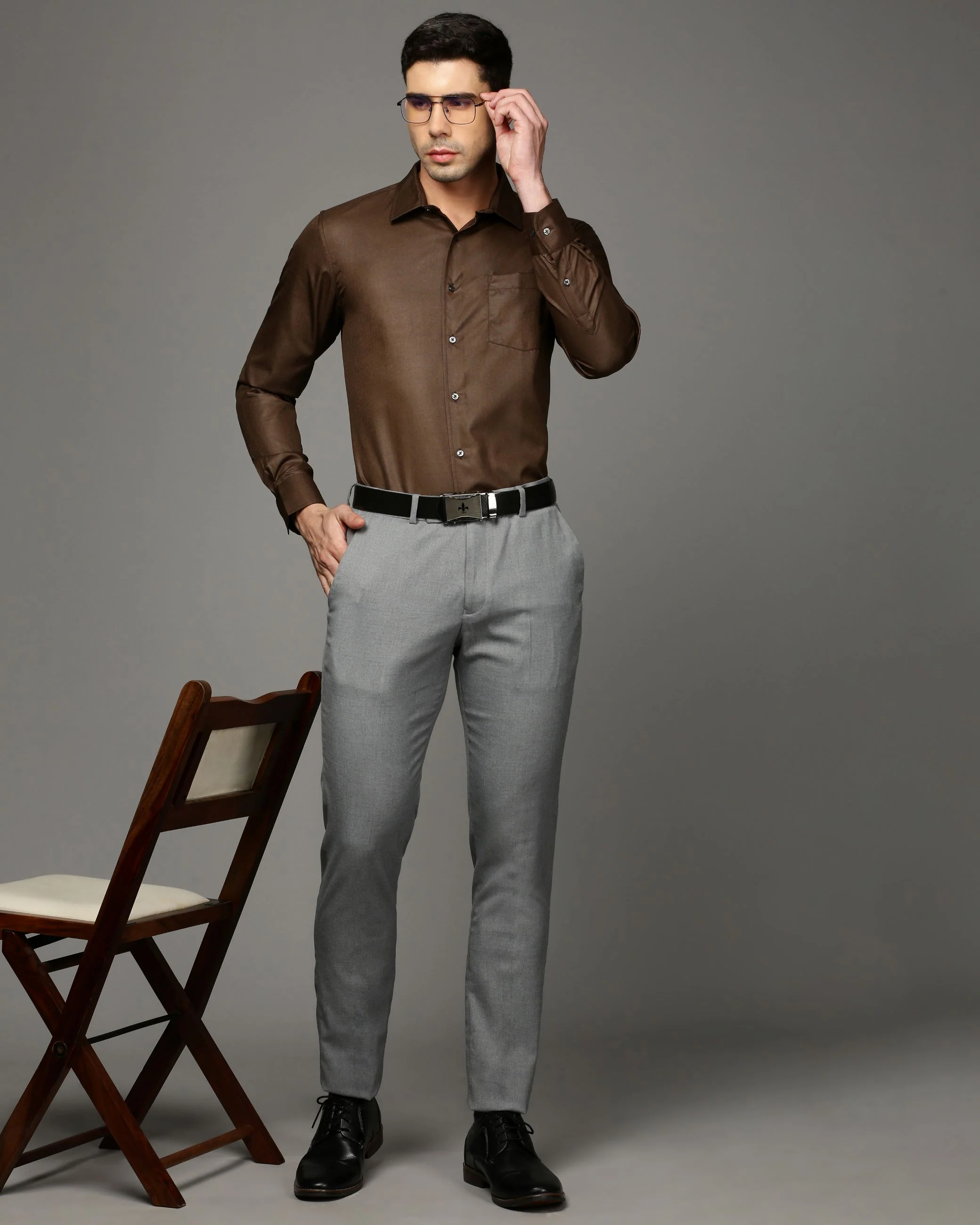 Men Brown Cotton Blend Slim Shirt - Image 5