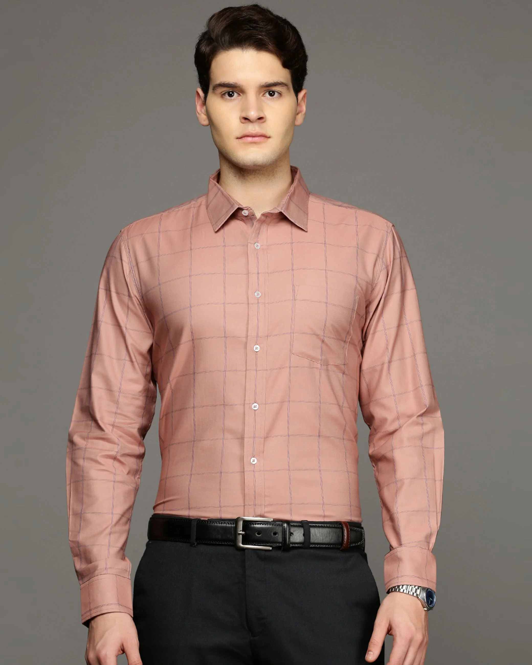 Men Brown Cotton Blend Slim Shirt - Image 2
