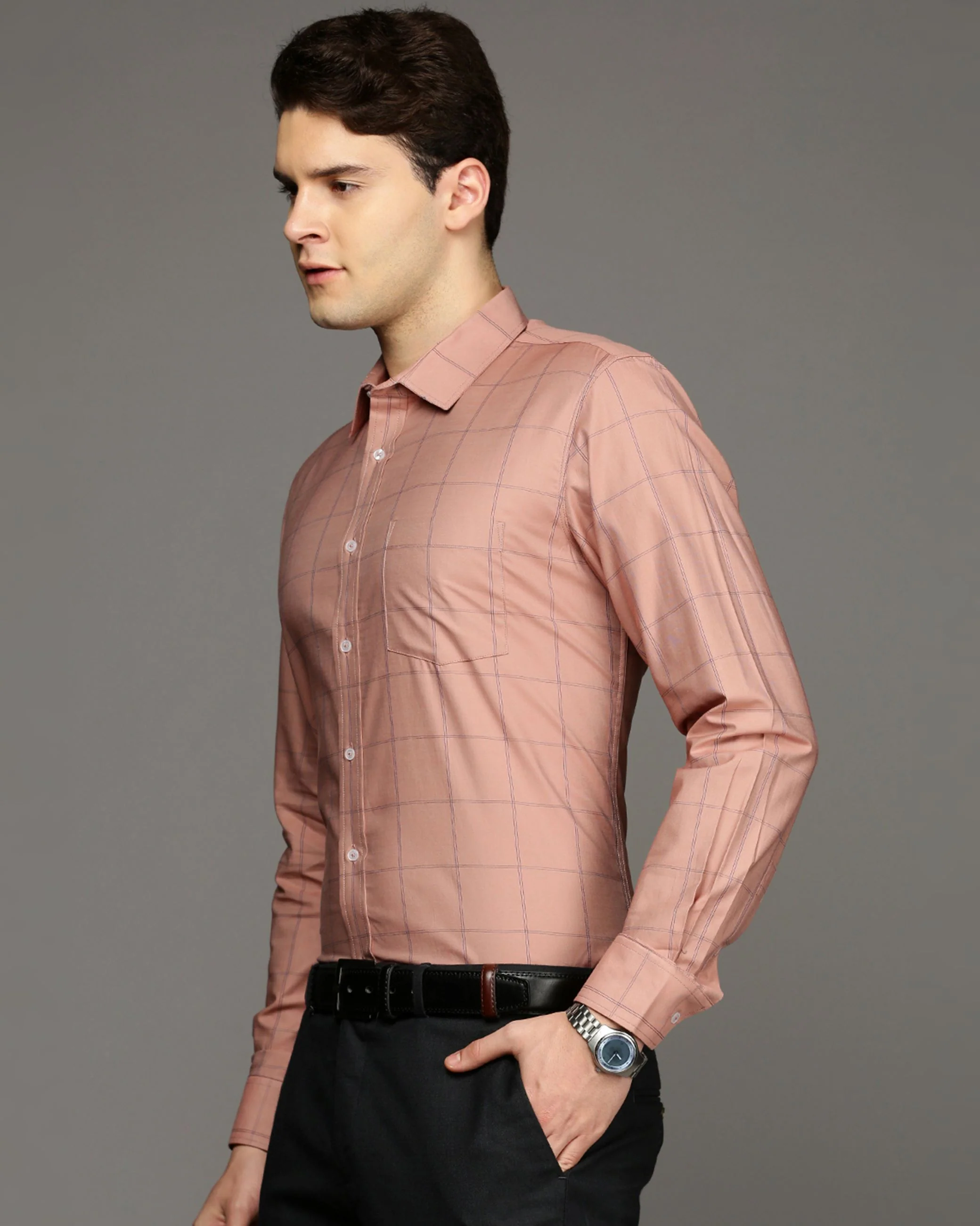 Men Brown Cotton Blend Slim Shirt - Image 3