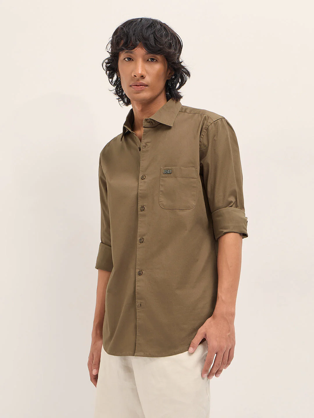 Men Brown Cotton Blend Solid Slim Fit Casual Shirt - Image 3