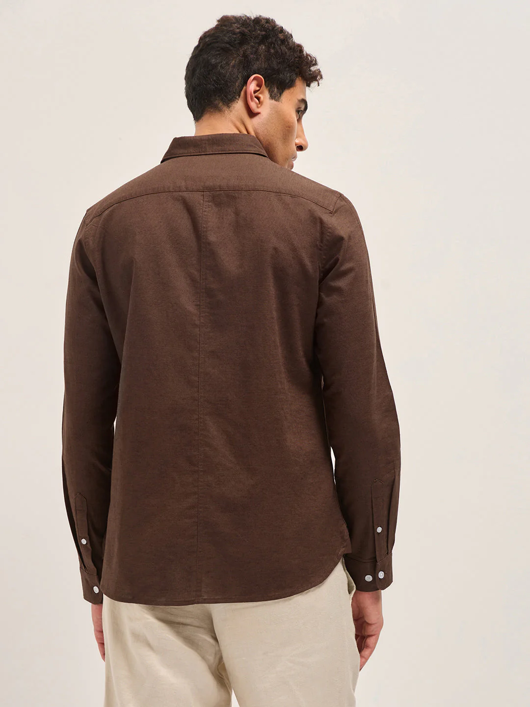 Men Brown Cotton Linen Slim Fit Solid Casual Shirt - Image 2