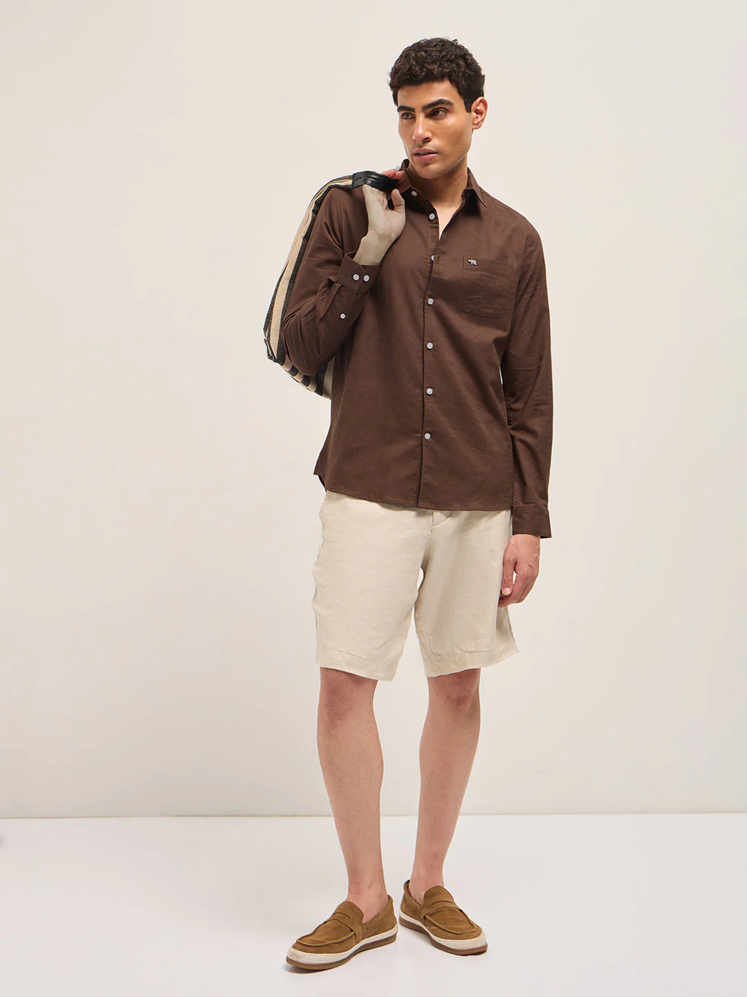 Men Brown Cotton Linen Slim Fit Solid Casual Shirt - Image 4