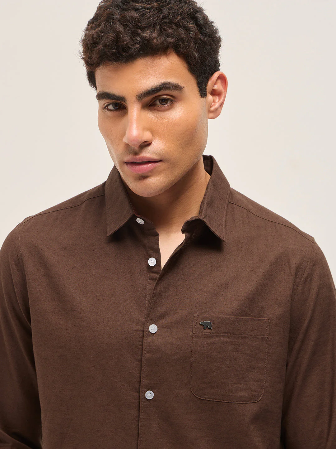 Men Brown Cotton Linen Slim Fit Solid Casual Shirt - Image 5