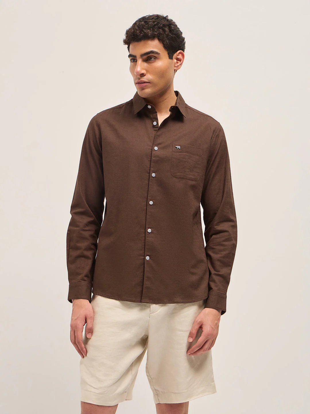 Men Brown Cotton Linen Slim Fit Solid Casual Shirt - Image 6