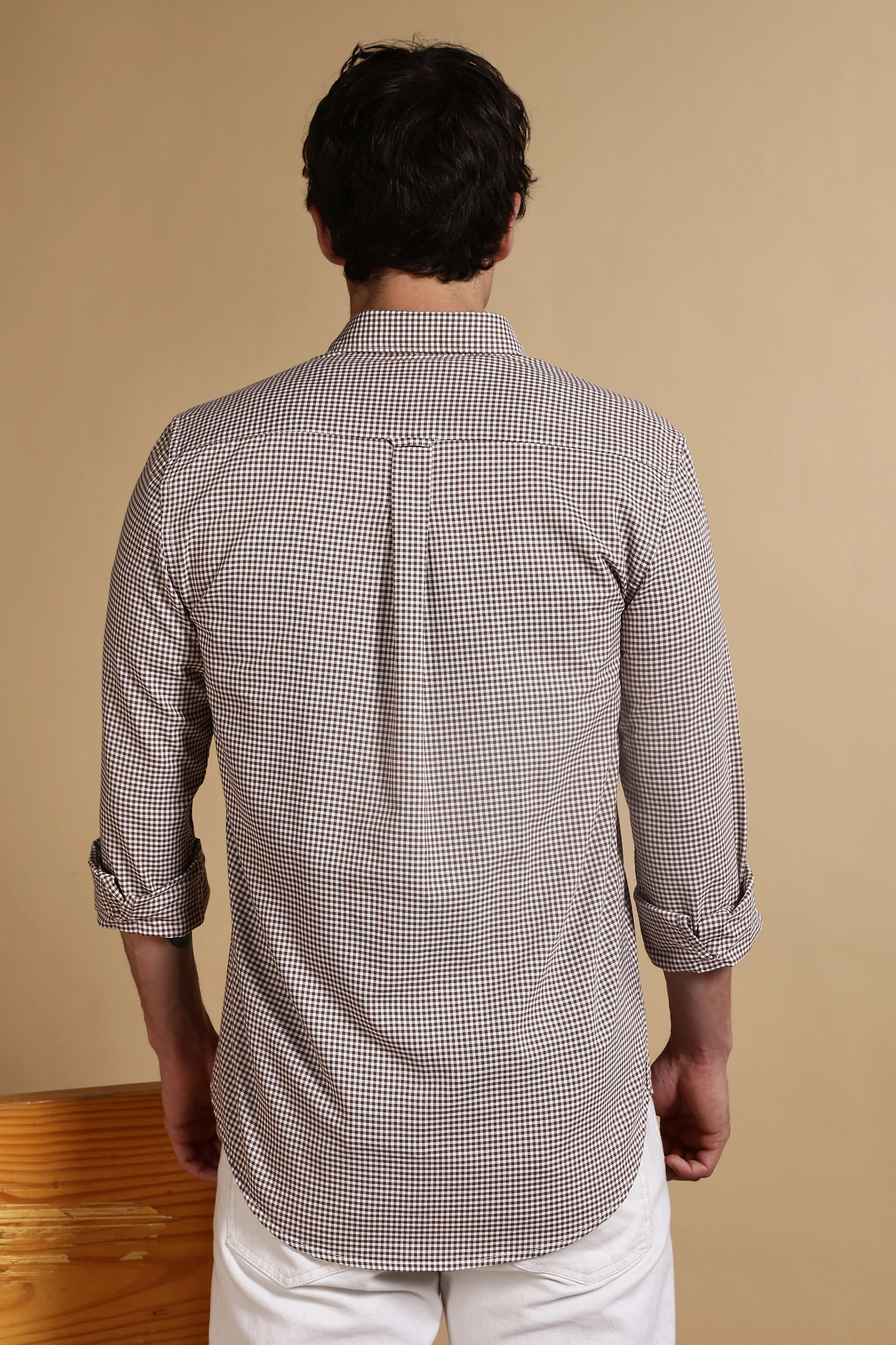 Men Brown Cotton Oxford Slim Fit Mini Checks Shirt - Image 3