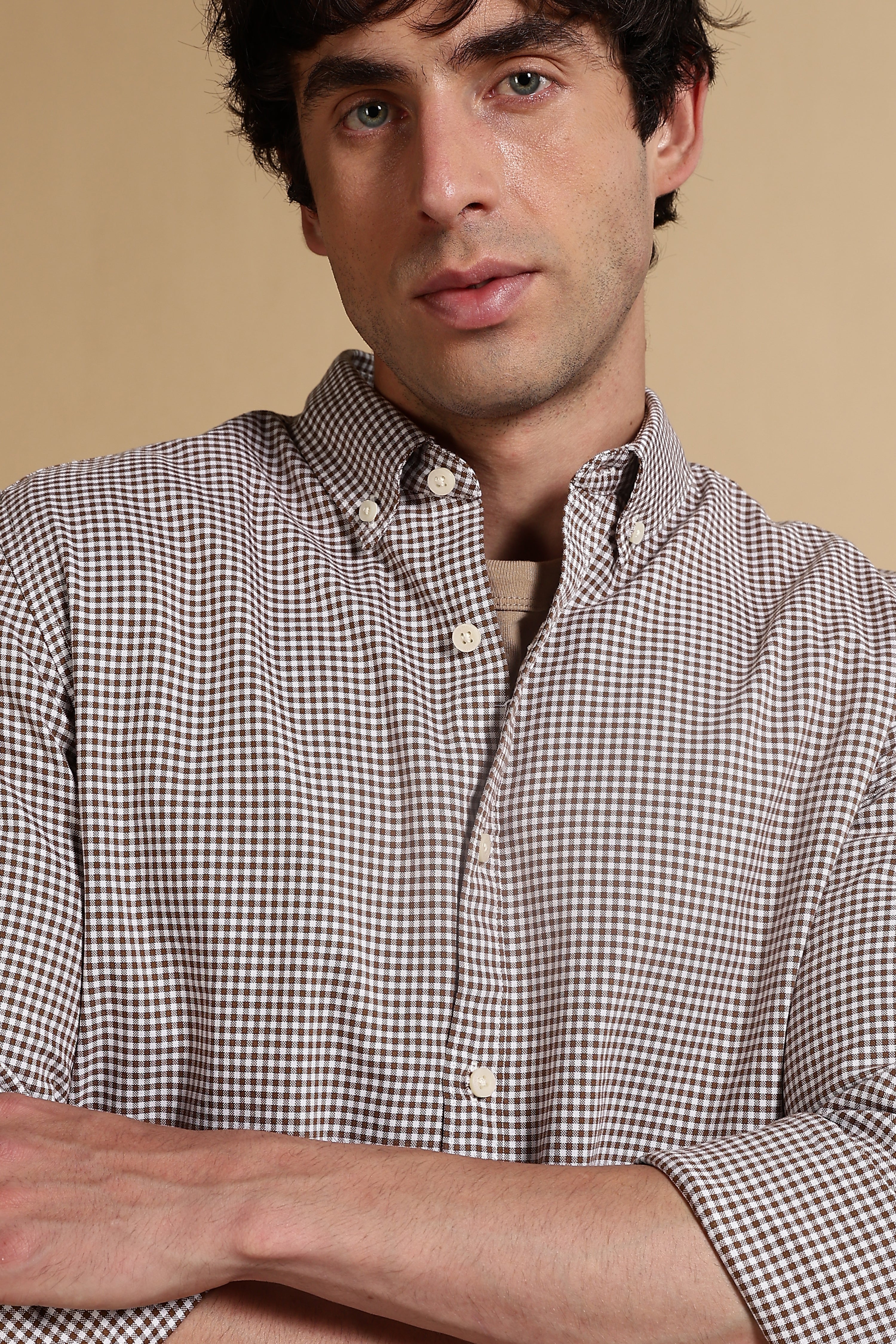 Men Brown Cotton Oxford Slim Fit Mini Checks Shirt - Image 4