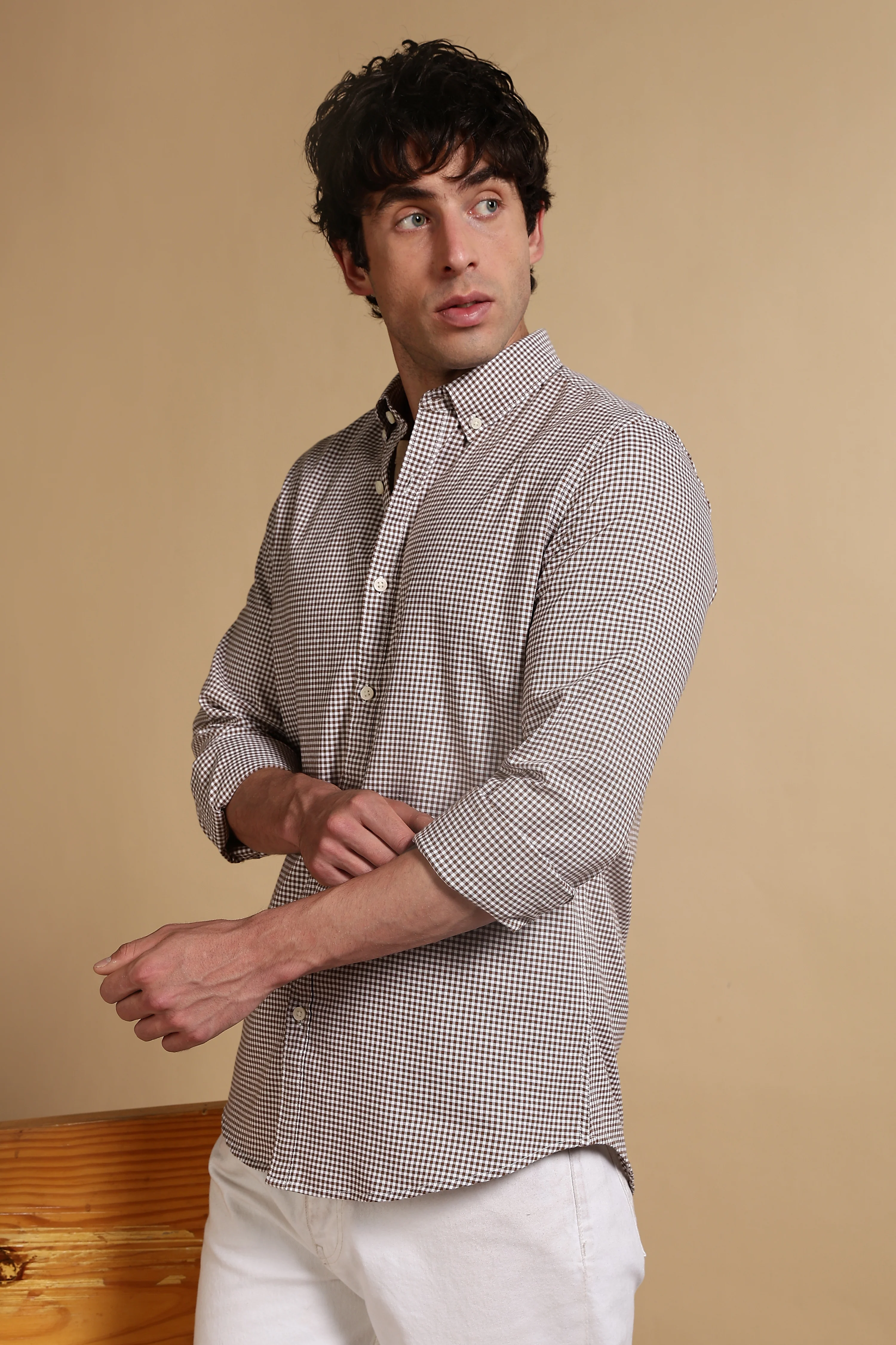 Men Brown Cotton Oxford Slim Fit Mini Checks Shirt - Image 6