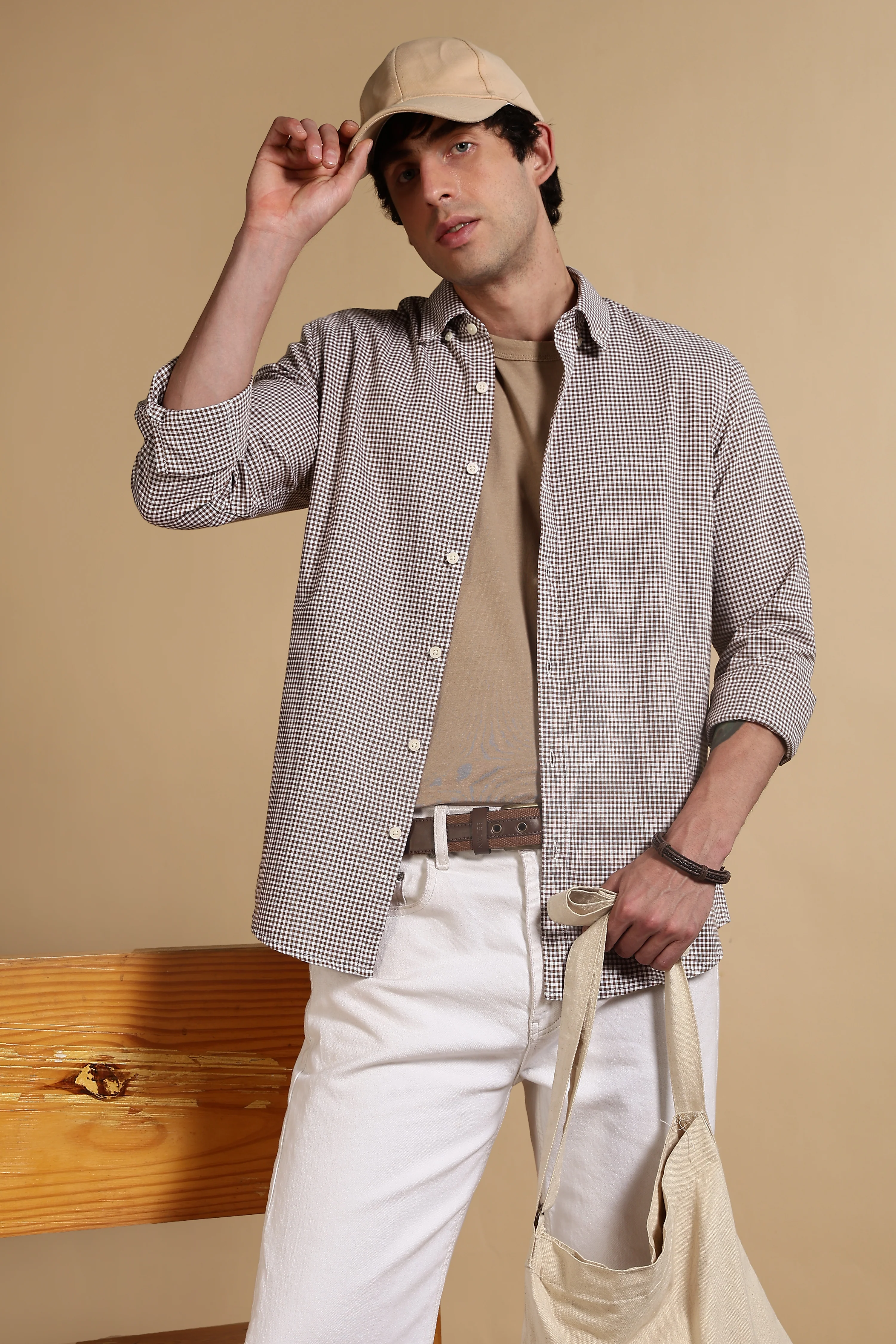 Men Brown Cotton Oxford Slim Fit Mini Checks Shirt - Image 7