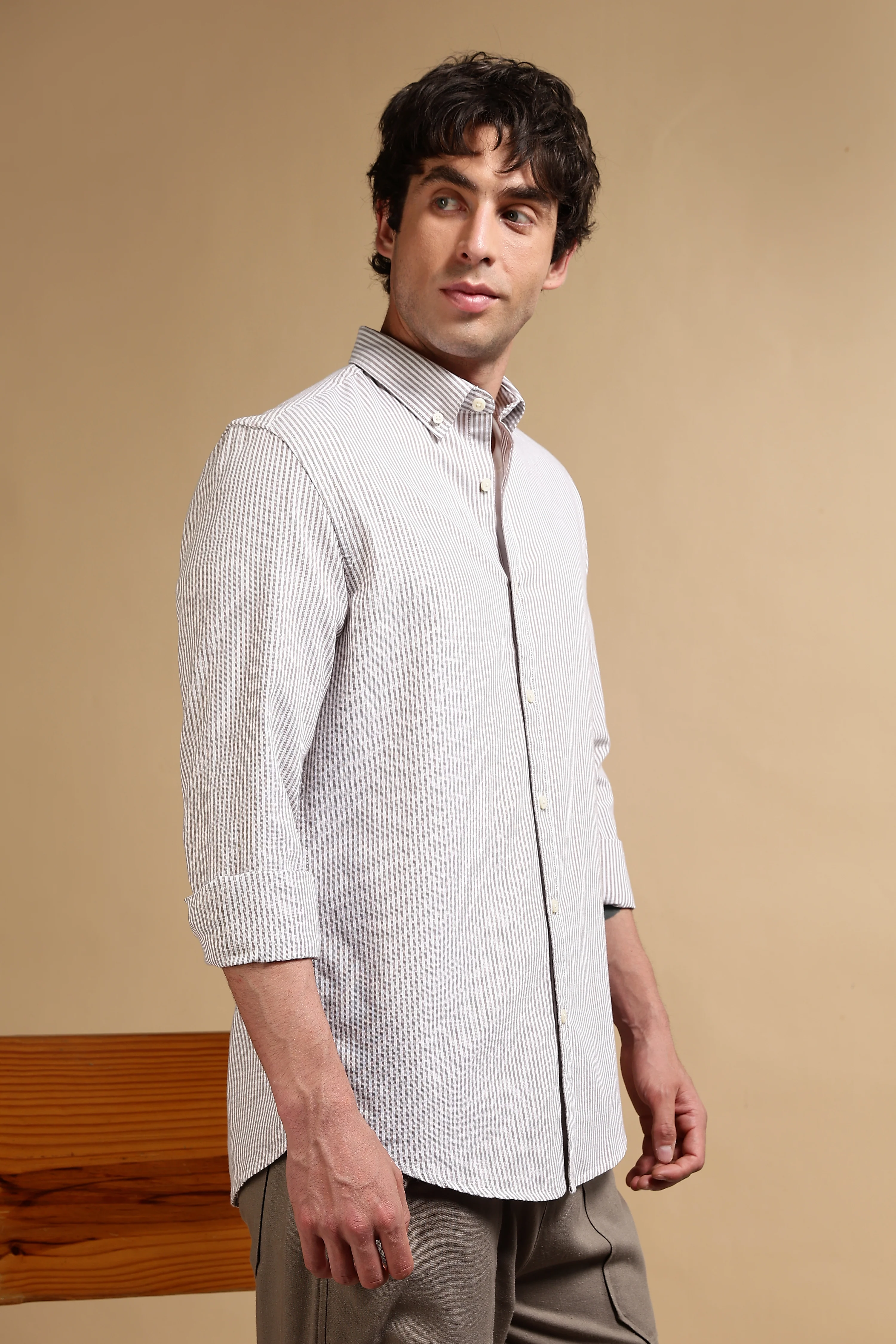 Men Brown Cotton Oxford Slim Fit Striped Shirt - Image 3