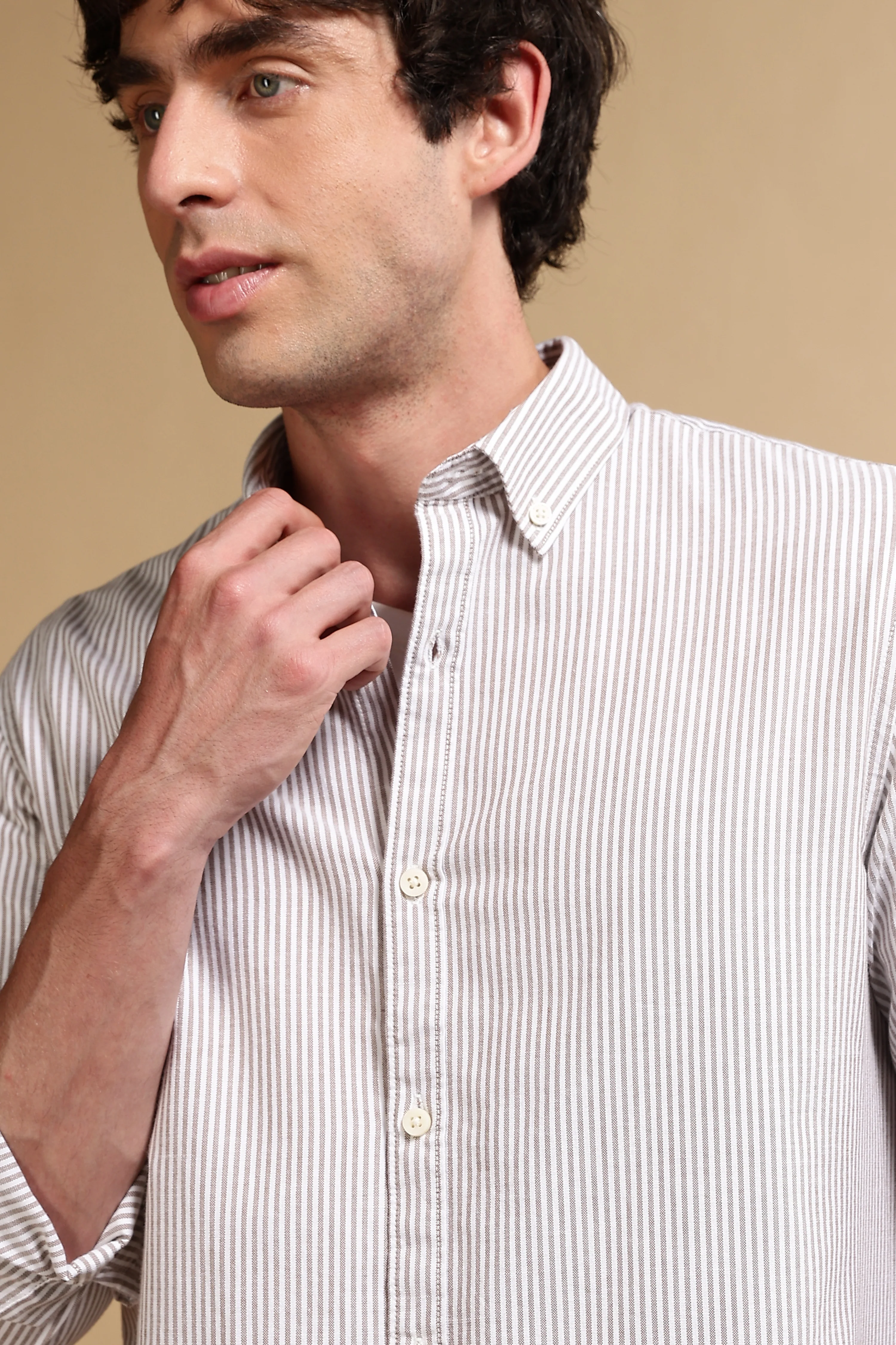 Men Brown Cotton Oxford Slim Fit Striped Shirt - Image 4
