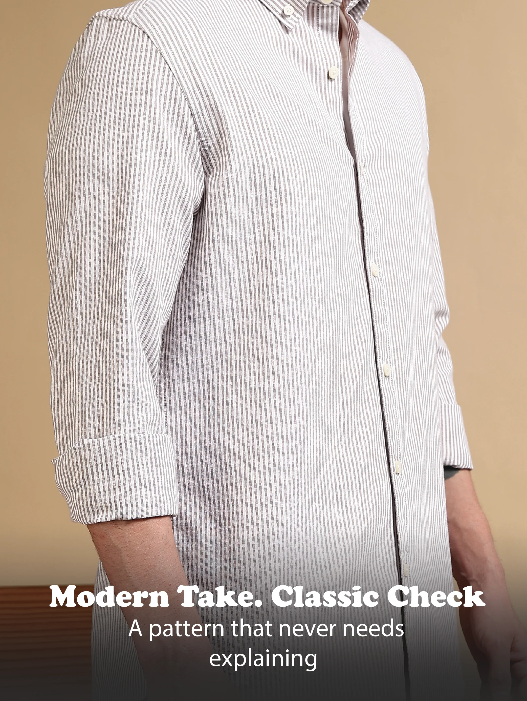 Men Brown Cotton Oxford Slim Fit Striped Shirt - Image 5