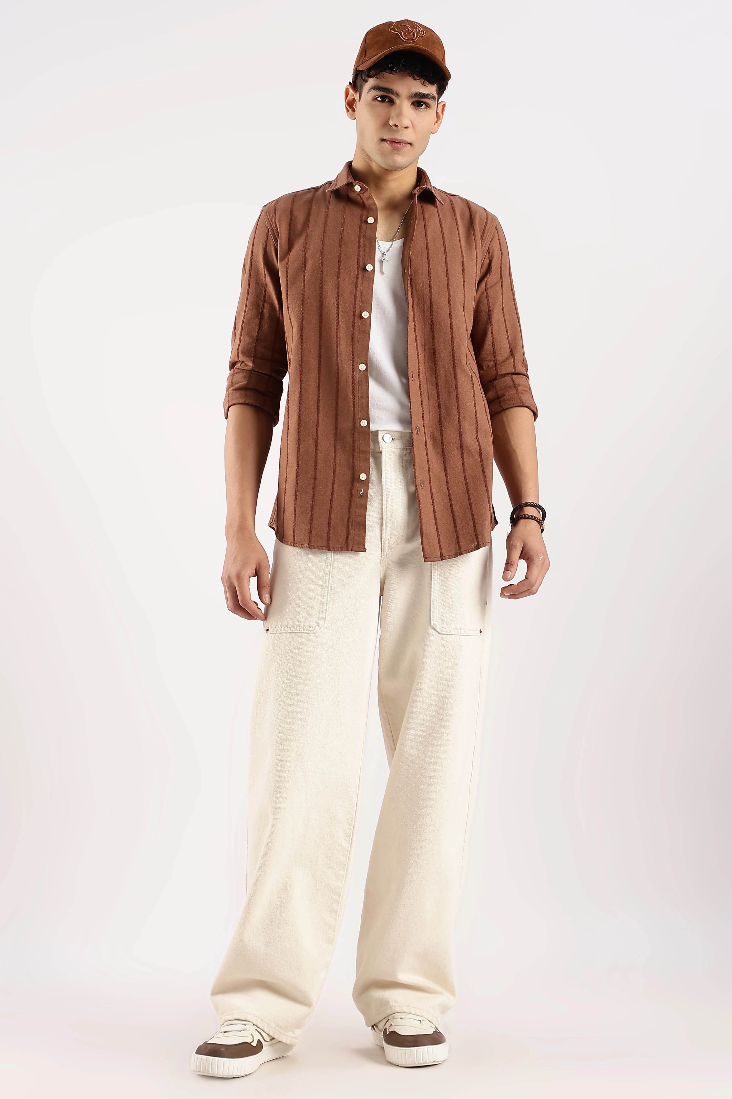 Men Brown Cotton Self-Striped Shirt - Image 10