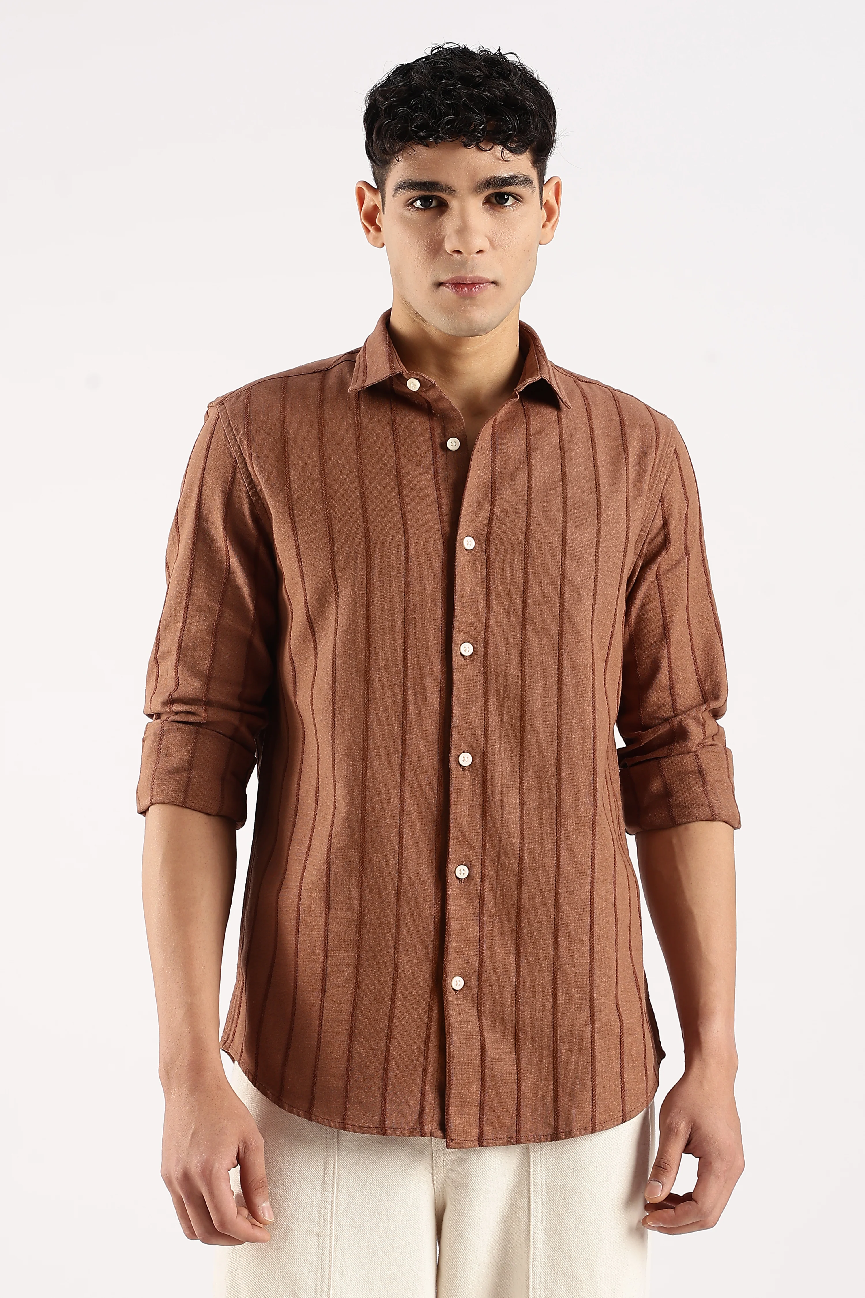 Men Brown Cotton Self-Striped Shirt - Image 2