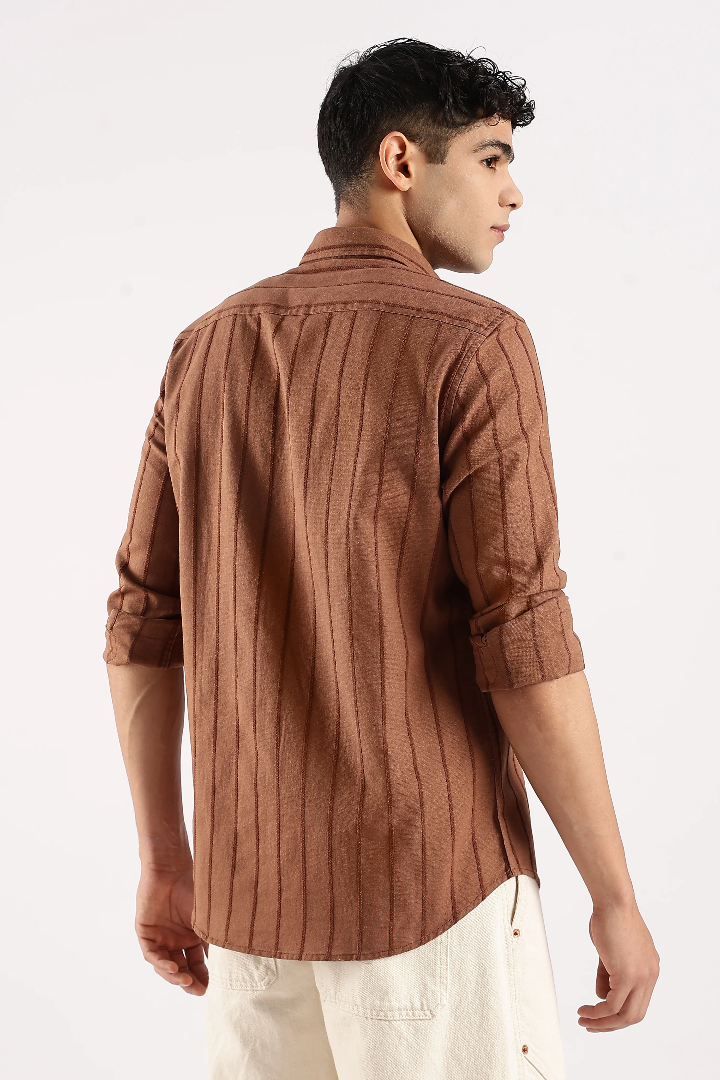Men Brown Cotton Self-Striped Shirt - Image 3