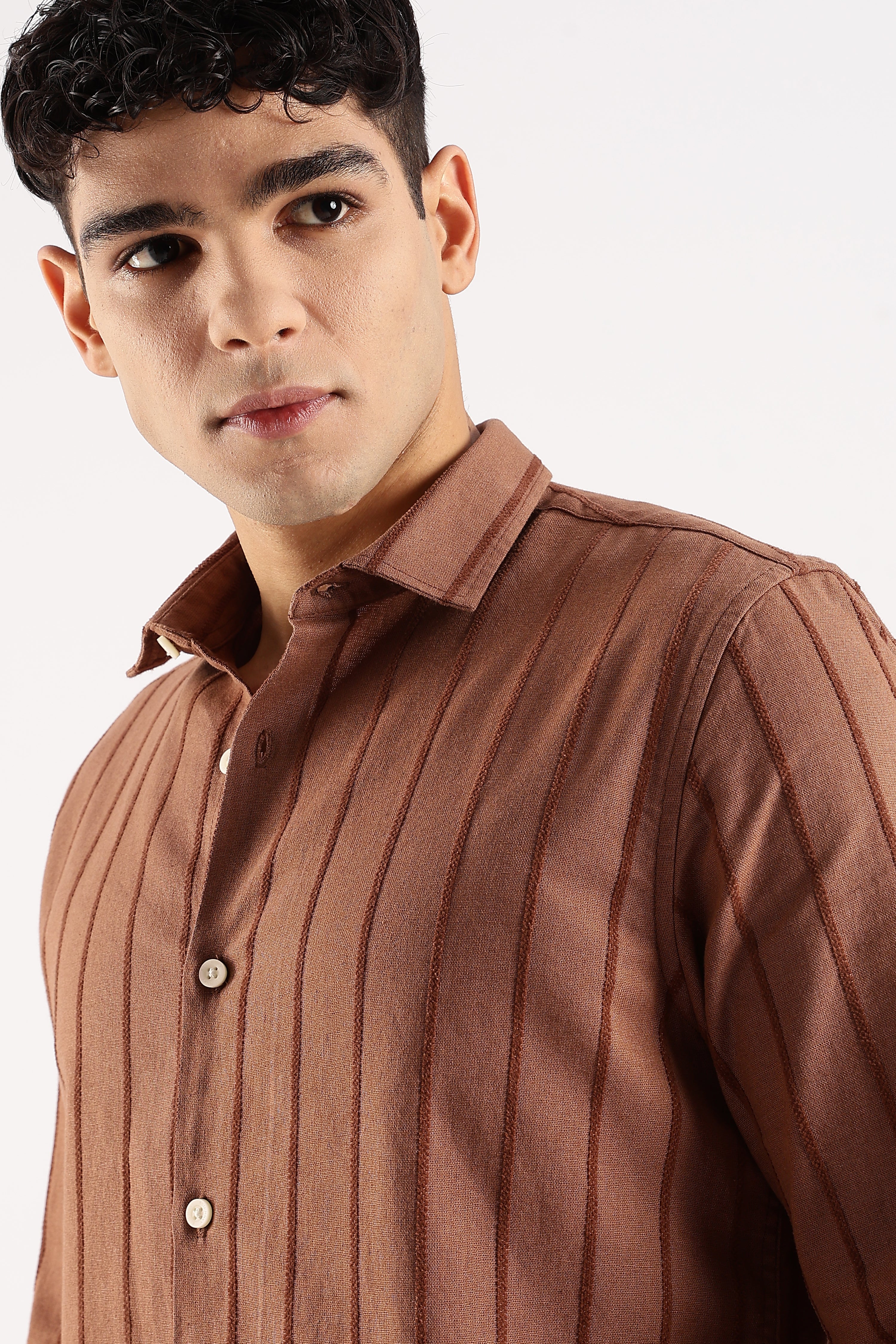 Men Brown Cotton Self-Striped Shirt - Image 4